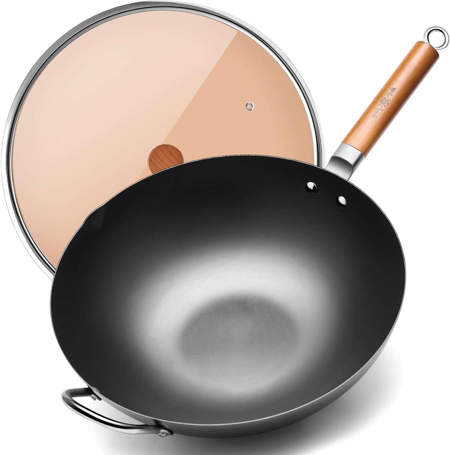 WANGYUANJI 14.2″ Carbon Steel Wok with Lid, Flat Bottom Chinese wok | No Chemical Coating Large Nitriding Stir Fry Pan, Rust Resistant Iron Skillet for Induction Electric Gas Stoves, Big Capacity