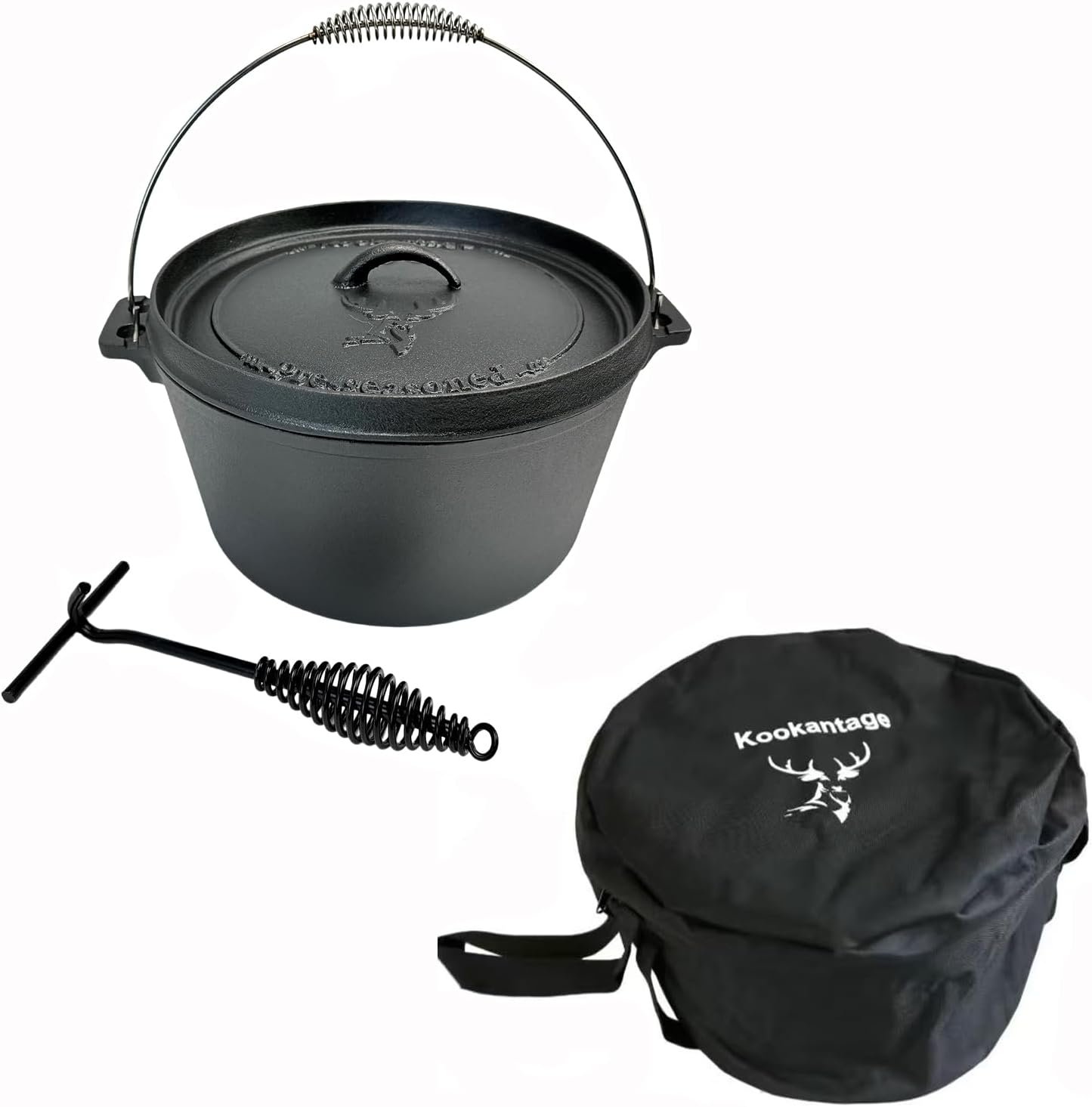 4.5 Quart Cast Iron Dutch Oven Pre-Seasoned Camp Pot with 10 inch Black Steel Lid Lifter and Polyester Carrybag