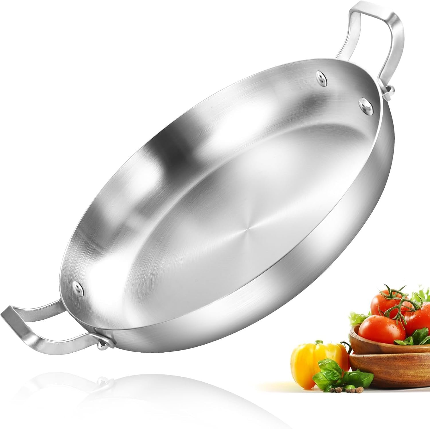 Inqibee 14 Inch Tri-ply Stainless Steel Paella Pan | Large Frying Pan with Double Riveted Handles, Wide Shallow Paella for Stovetop, Induction Compatible, Oven Safe, 4-6 Servings