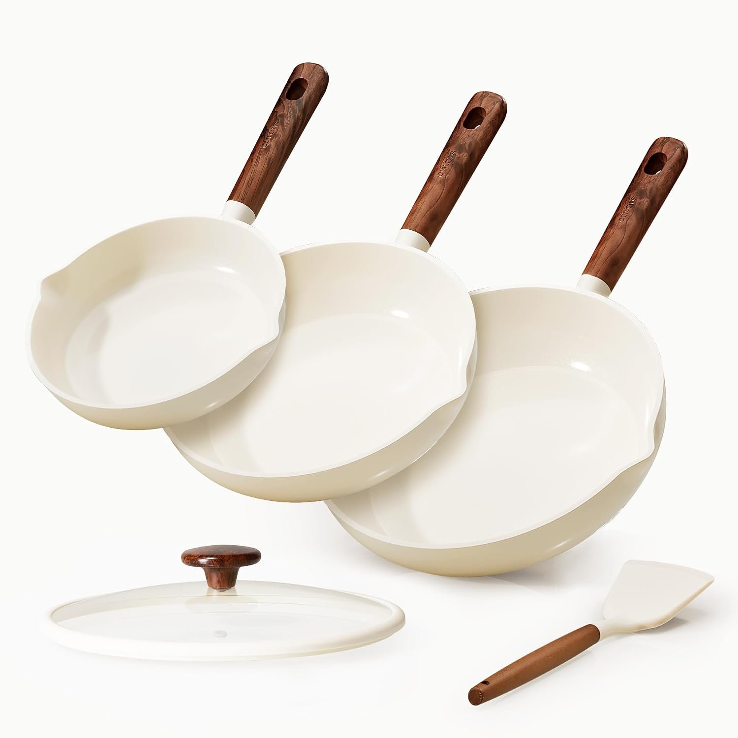 CAROTE Nonstick Frying Pans Skillets, 5 PCS Ceramic Coating Pans Set | Non-toxic Healthy PFAS Free, Induction Compatible, 8+9.5+11 Inch with Colander Lid and Spatula, Cream White