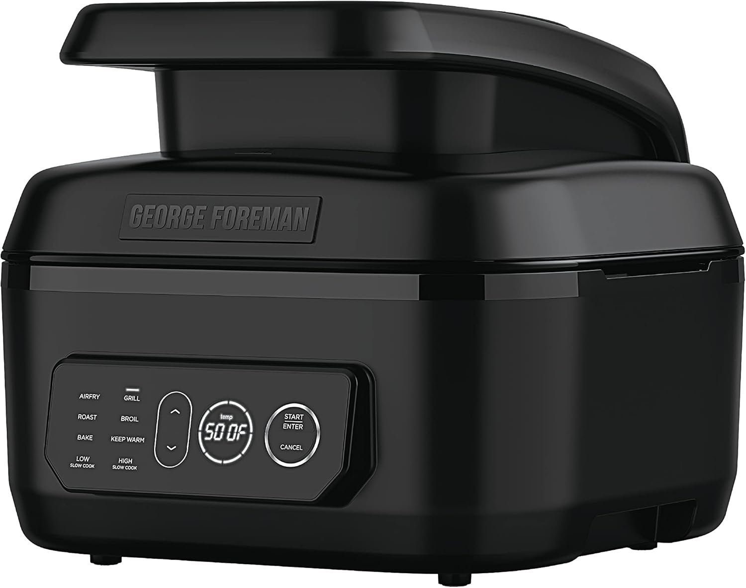 George Foreman Beyond Grill™ 7-in-1 Electric Indoor Grill with Air Fry Technology, MCAFD800D, Black, Large | 7-in-1 grill with air fry, roast and bake functions, 500°F searing and no-defrost cooking.