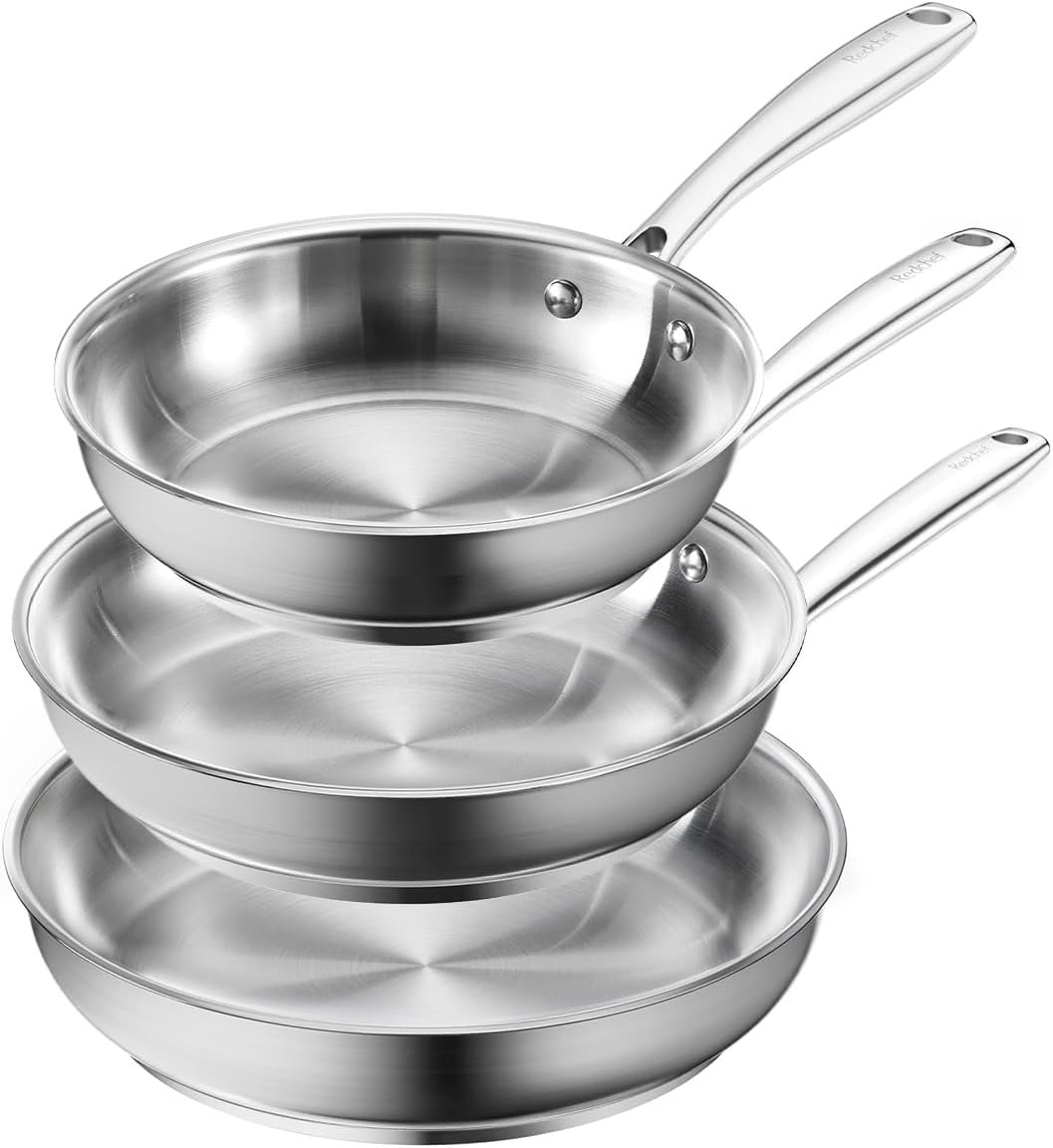 Redchef Stainless Steel Frying Pan Set, Induction Kitchen Cookware Set, Non-Toxic Uncoated Skillets for Searing & Cooking, Oven Safe Stainless Steel Cookware Set, 3-Piece (8″, 9.5″, 11″)