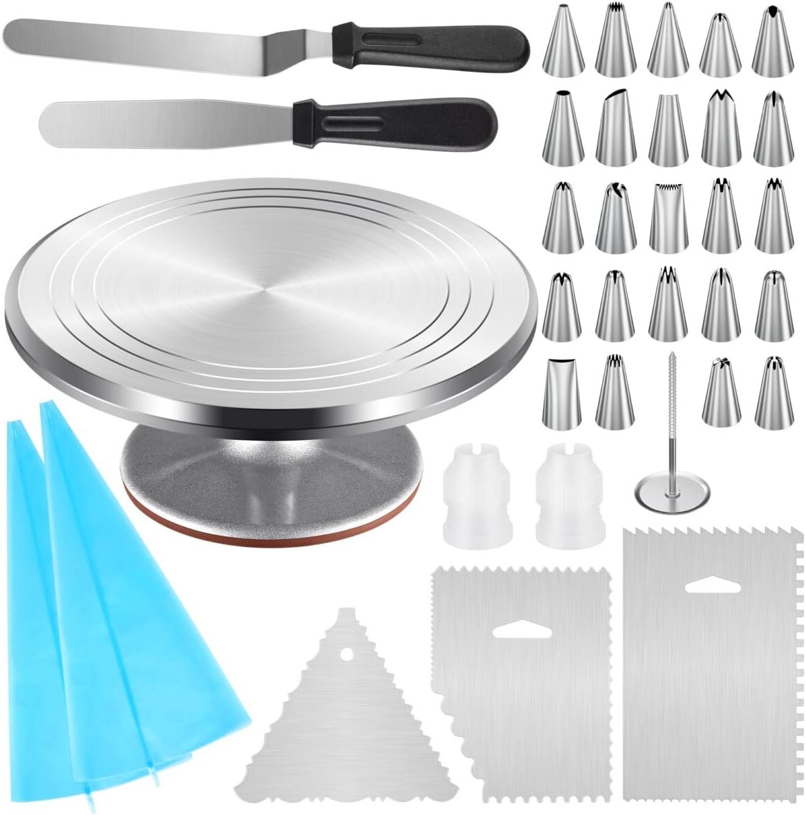 Kootek 35 Aluminum Cake Decorating Kit, Baking Tools for Beginners & Pros | Starter Kit, Baking Supplies Tools with Cake Stand Turntable for Decorating, 24 Icing Piping Tips, 2 Spatulas, 2 Piping Bags