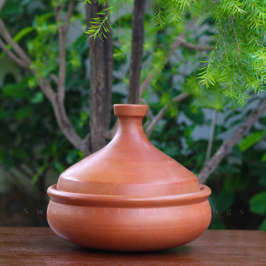 Swadeshi Blessings HandMade Unglazed Clay Tagine for Cooking with Lid, 2.8L | Chemical-Free, Multi-Use Clay Cookware, Earthen Tajine, Mud Utensils/Stockpot, Terracotta Pot, Free Cleanser&Palm Leaf Stand