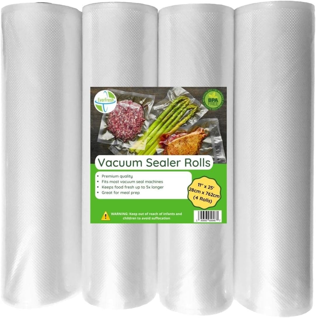 EverFresh 11″ x 25′ Vacuum Sealer Rolls, 4 Pack | 15% THICKER Embossing | Compatible with FoodSaver Machines, BPA Free, Commercial Grade Food Sealer Bags