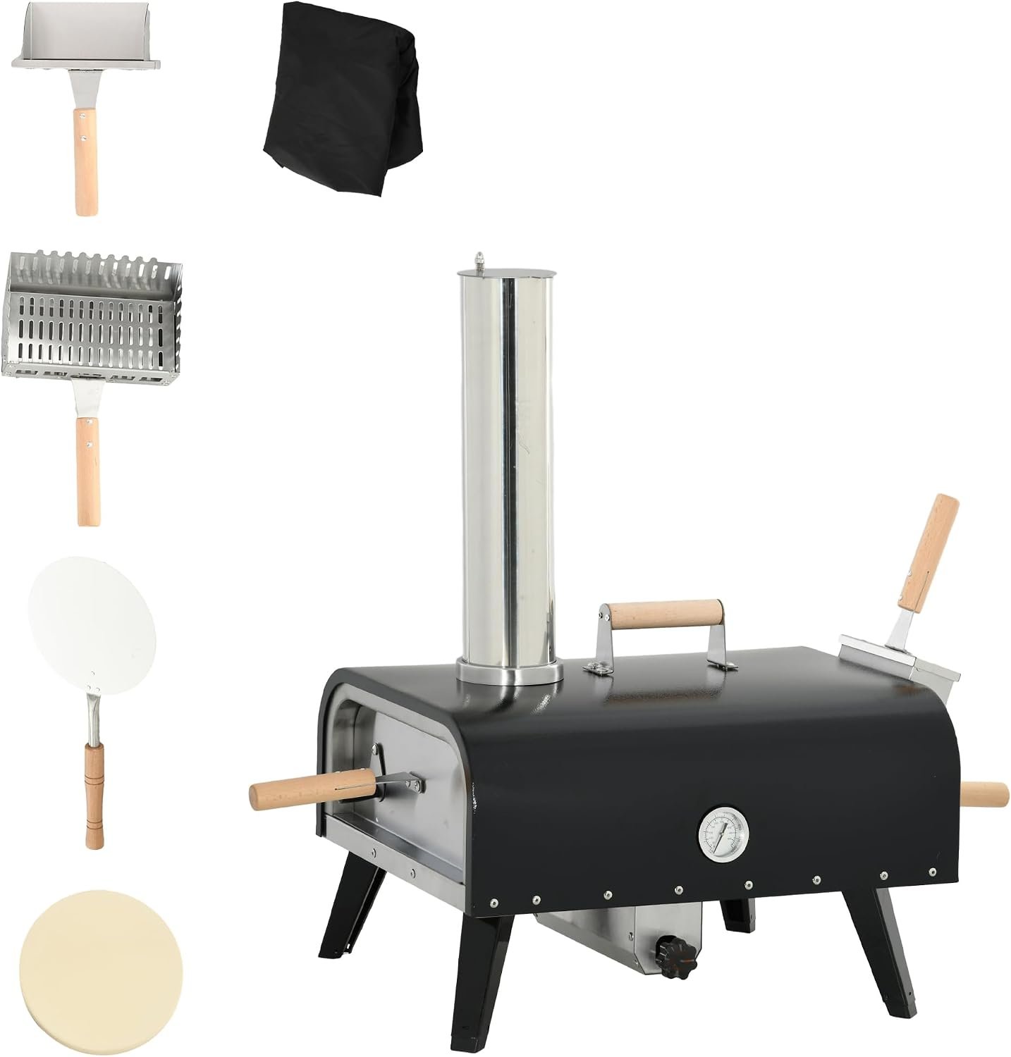 Outsunny Wood Fired Pizza Oven with 12″ Rotating Stone, Peel, Foldable Legs | Waterproof Cover, Portable Pizza Maker Grill, Stainless Steel, for Outside Backyard Outdoor Kitchen