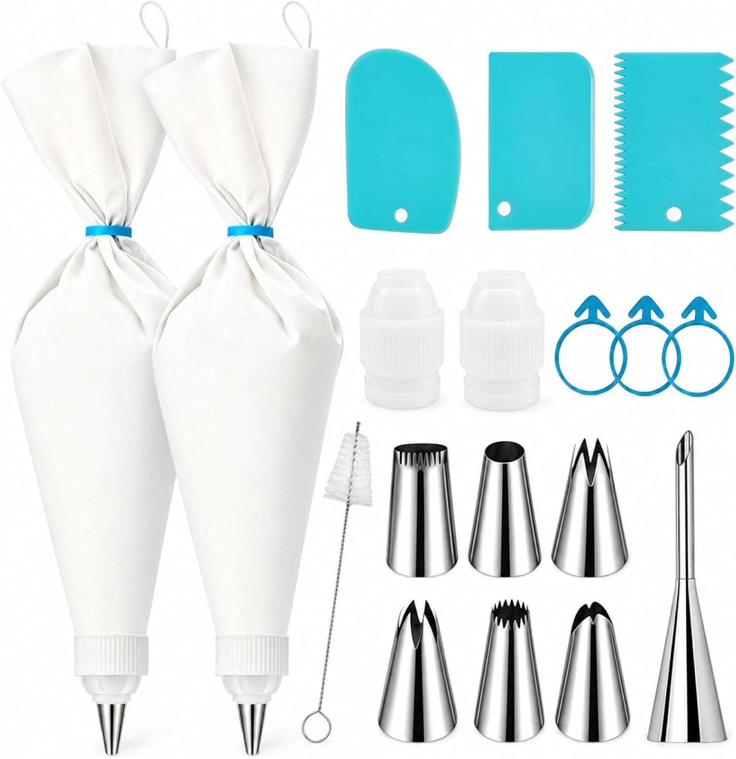 Reusable Piping Bags And Tips Set, 2 16-Inch Cotton Bags, 7 Tips | Stainless Steel Nozzles, 3 Silicone Ties, 2 Piping Tip Couplers, 3 Blue Scrapers, White Cleaning Brush, Piping Tip Guide