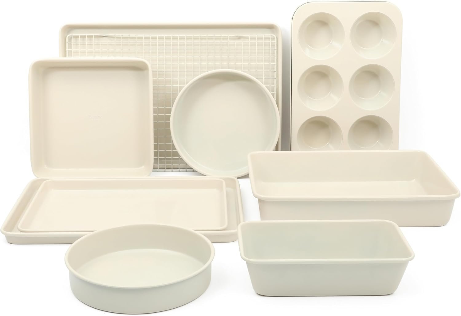 Martha Stewart Gallen 10 Piece Baking Pans Ceramic PFA Free Non Toxic Non Stick Bakeware Set – Linen White