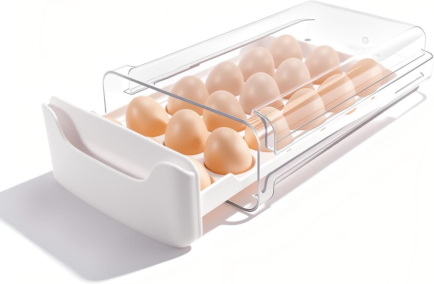 Egg-Holder for Fridge, Fits Small to Large Eggs, White | 18 Egg-Storage for Refrigerator Countertop, 1 Tier Dispenser with Drawer, Stackable Clear Egg Tray Container