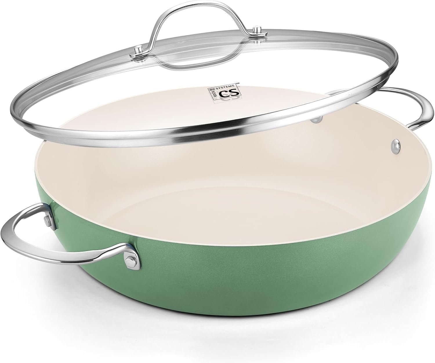 KOCH SYSTEME CS Saute Pan with Lid, 12 Inch Nonstick Saute Pan with PFOA-Free Ceramic Coating, 6QT Deep Frying Pan Nonstick, Large Deep Pan with Lid, Oven Safe, Induction Compatible, Sage Green