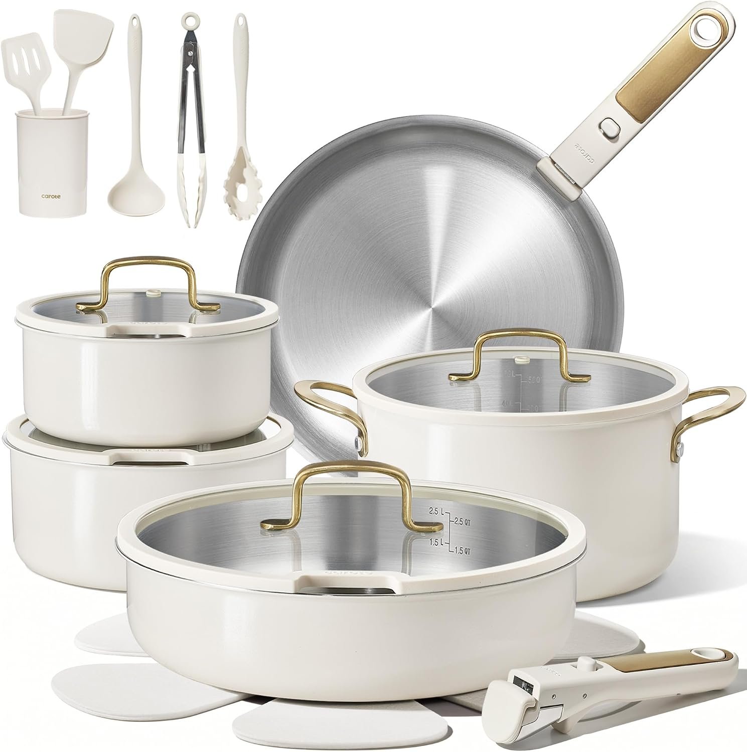 CAROTE 21pcs Tri-Ply Stainless Steel Cookware Set with Detachable Handle | Pots and Pans Set, Even Heating, Non-Toxic, Induction Compatible, Dishwasher& Oven Safe, Space Saving, Camping Cooking, White