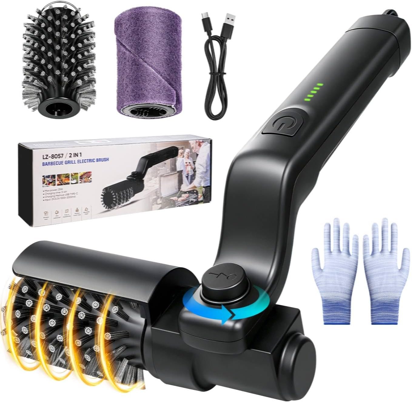 Electric Grill Brush for Outdoor Grill – Cordless Rechargeable Grill Cleaner with 180-Min Runtime, 3 Speeds, 545°F Heat Resistant, 180° Adjustable Angle, 2-in-1 Heavy-Duty BBQ Cleaning Kit