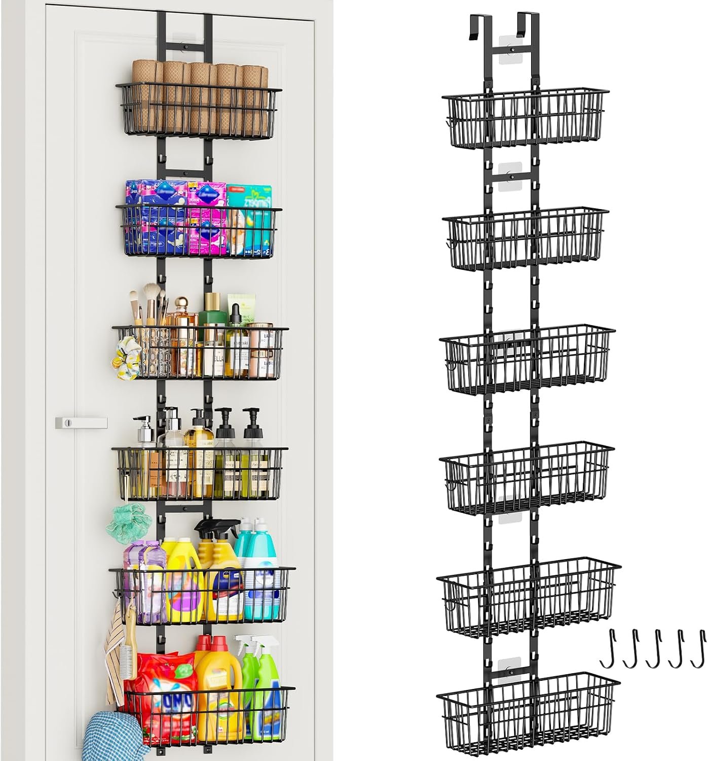 Hongtamoya Over The Door Organizer, Adjustable Hanging Door Organizer with 6 Wire Baskets 5 Hooks, Metal Behind The Door Storage for Pantry Closet Bedroom Bathroom Cabinet Kitchen Laundry Room, Black