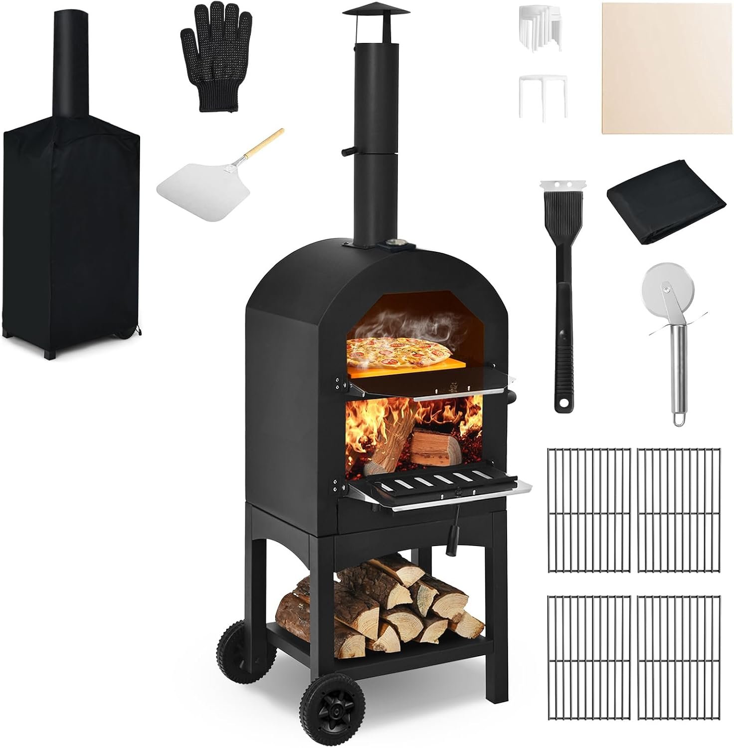 COSTWAY Outdoor Pizza Oven, Wood Fired Pizza Oven for Outside | Patio Pizza Grill with Pizza Stone, Pizza Peel, and Waterproof Cover for Backyard Camping