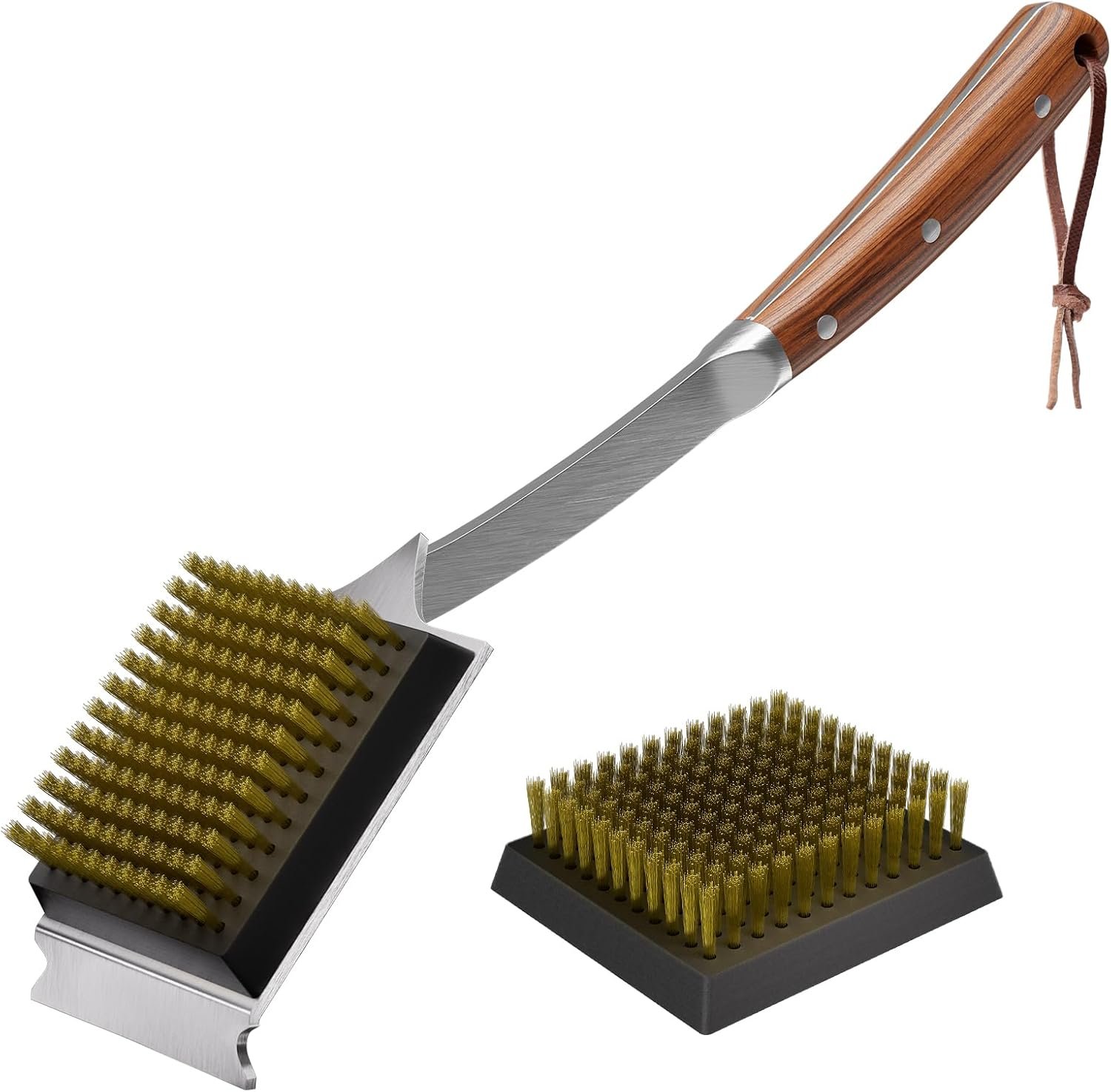ENLOY Grill Brush and Scraper for Barbecue, 17″ Grill Brush for Outdoor Grill, Extended Rosewood Handle and 2 Replaceable Copper Wire Brush Heads, Grill Cleaning Brush Grill Accessories for Most Grill