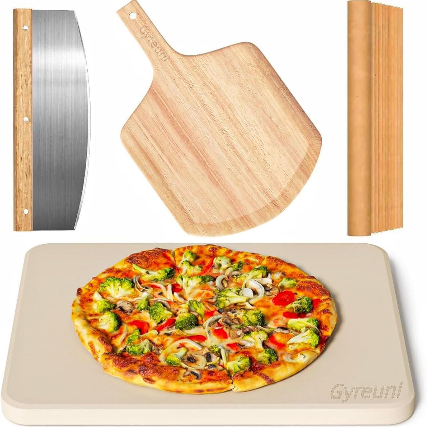 Gyreuni 15”Pizza Stone for Oven and Grill with Pizza Peel,Baking Stone Set | Complete pizza stone set:15 x 12 inch Baking stone and pizza peel,Pizza Cutter and Parchment Paper,perfect for crispy pizza