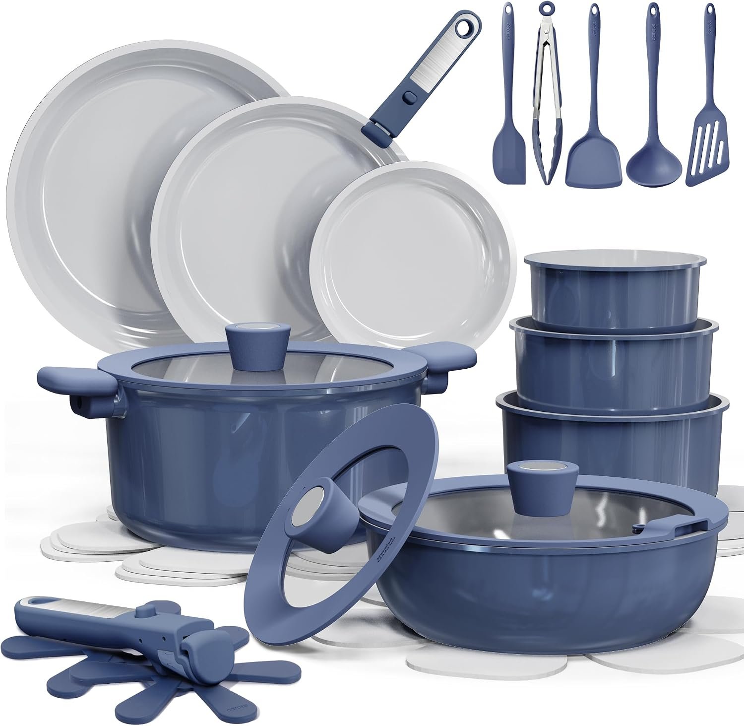 CAROTE 27pcs Ceramic Cookware Set, Pots and Pans Set with Detachable Handle | Non-Stick, Non-Toxic, PFAS and PFOA Free, Induction Compatible, Dishwasher & Oven Safe, Space Saving, Camping Cooking, Blue