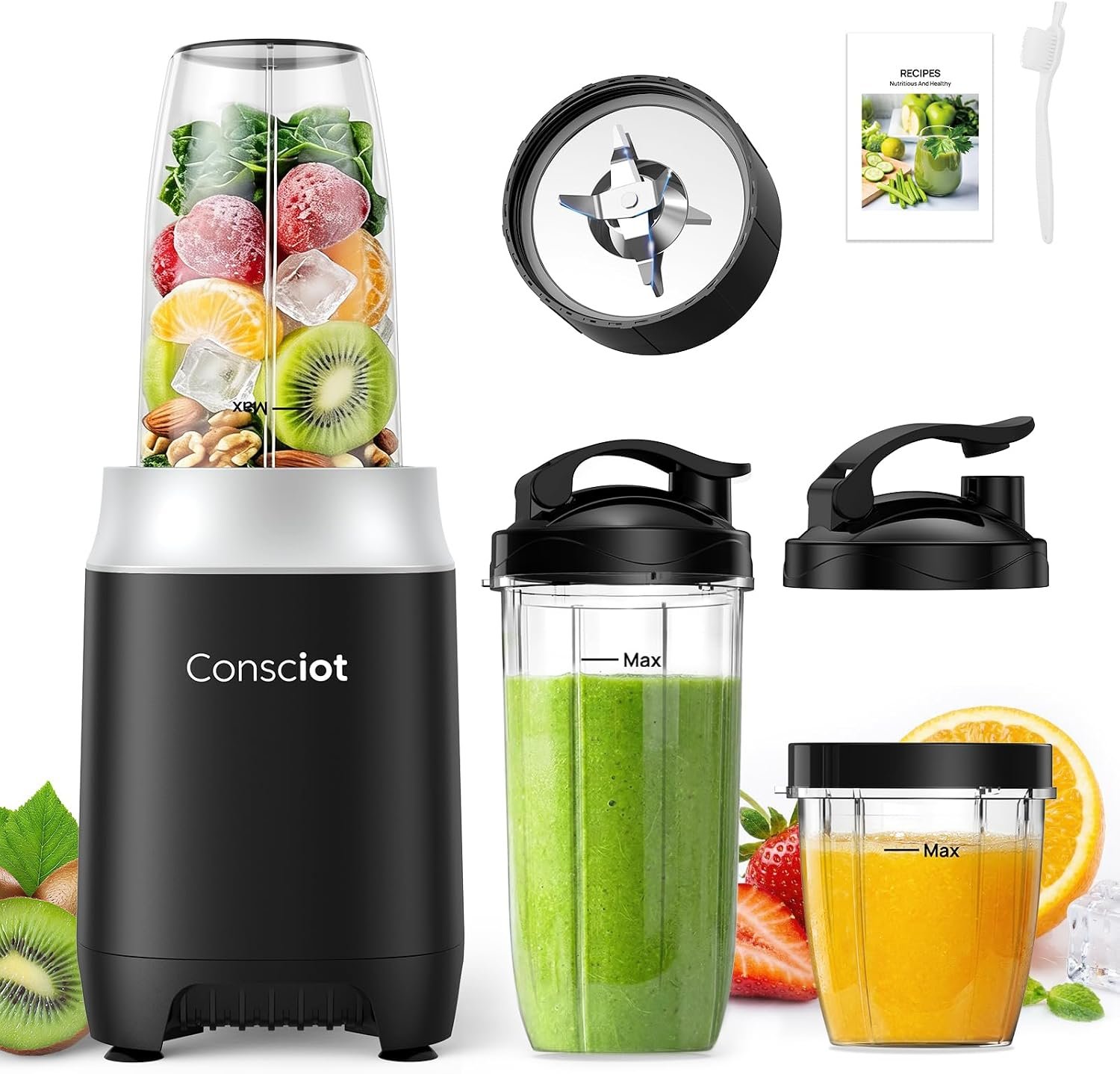 Consciot CB10 11Pcs Personal and Countertop Blender Combo, 900 Peak Watts | Make Shakes & Smoothies, Frozen Drinks, Baby Food, Spreads & More, 3 Portable BPA Free To-Go Cups, 2 Spout-Lids & 1 Flat-Lid
