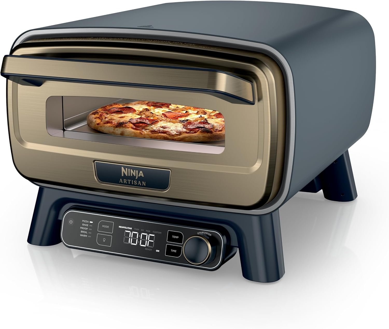 Ninja Artisan™ 5-in-1 Portable Electric Pizza Oven, Blue & Gold, MO201BL1 | Ninja Artisan 5-in-1 Pizza Oven offers 5 pizza styles, bakes & proofs at up to 700°F, fitting a 12″ pizza or loaf