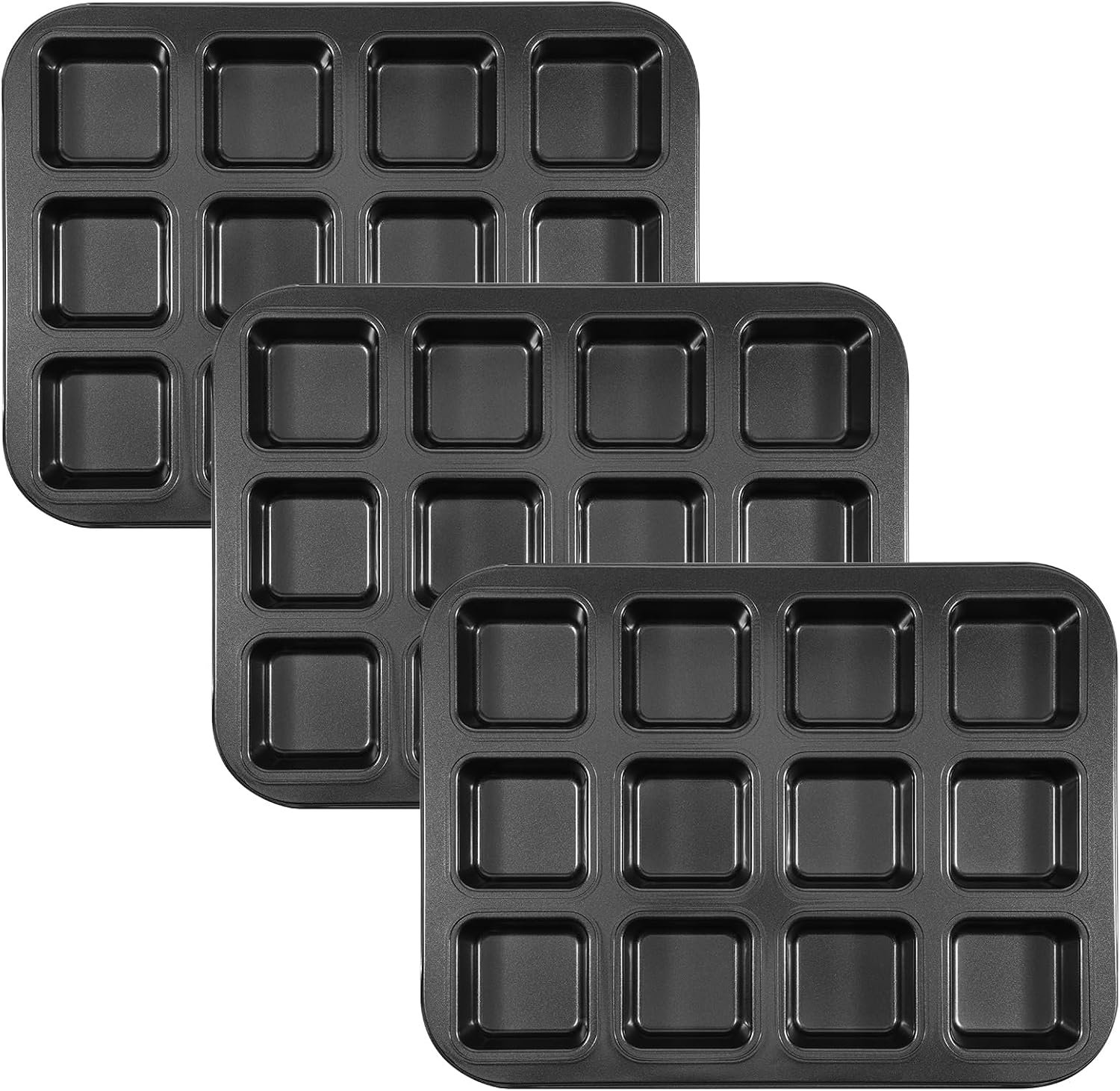 3 Pack Brownie Pan with Dividers, 12-Cavity Non-stick Square Mini Muffin Pan All Edges Cookie Cake Mold Heavy Duty Carbon Steel Loaf Tray for Crispy Corner Brownies, Cupcakes & Party Baking