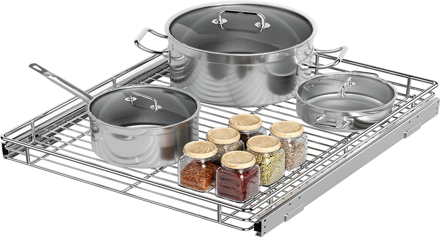 ZOINLIY Pull Out Cabinet Organizer, Slide Out Kitchen Organizers Storage | Heavy Duty Drawer Cupboard Storage Basket, Smooth Sliding, Chrome Finish