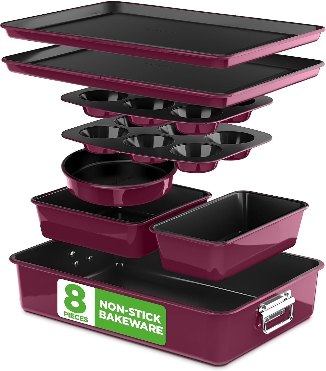 NutriChef 8-Piece Nonstick Stackable Bakeware Set – PFOA, PFOS, PTFE Free Baking Pan Set w/Non-Stick Coating, 450°F Oven Safe, Round Cake, Loaf, Muffin, Wide/Square Pans, Cookie Sheet (Plum)