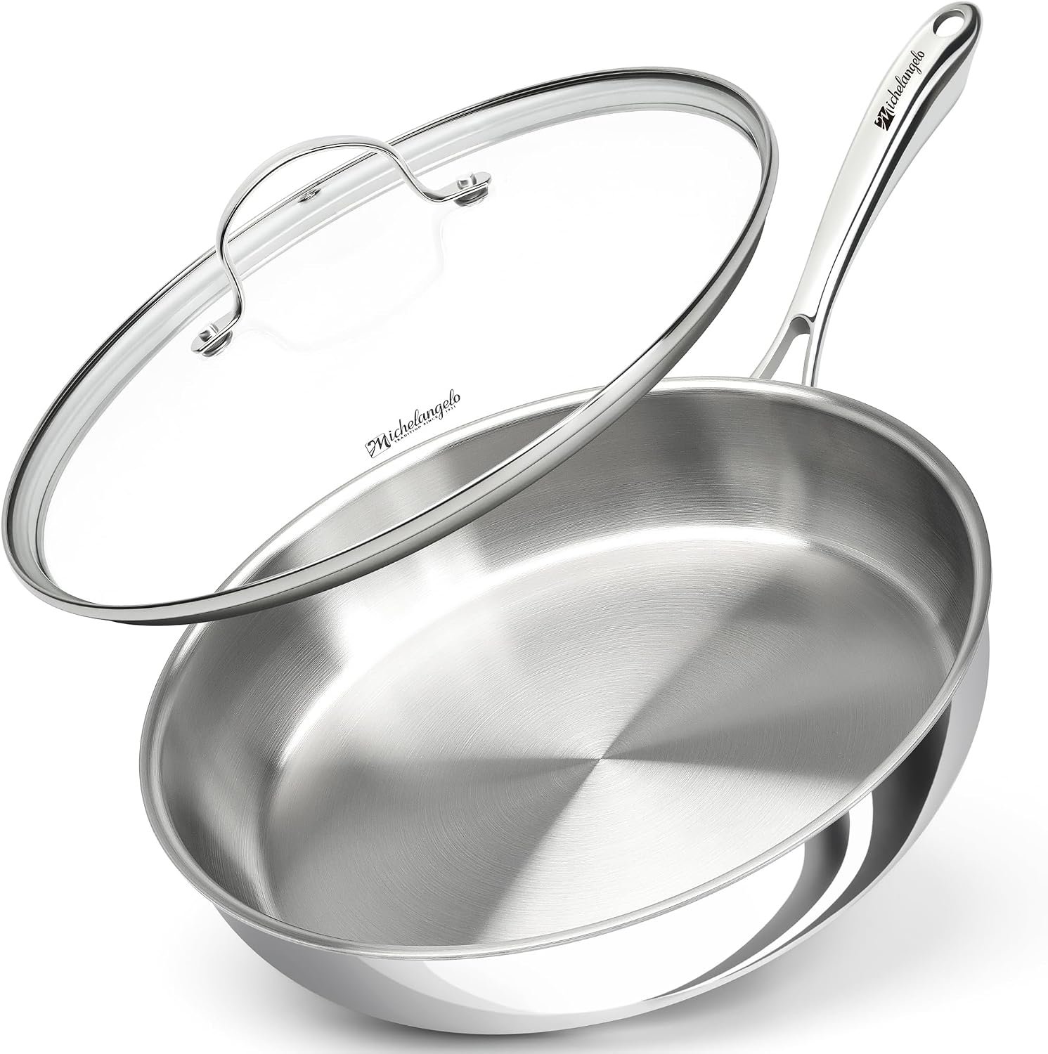 MICHELANGELO Fully Clad Tri-Ply Stainless Steel 12 Inch Frying Pan with Lid | 18/10 Stainless Steel Frying Pan, Rivet-Free Interior, Oven Safe 600°F, Induction Compatible, PTFE & PFOA Free, No Coating