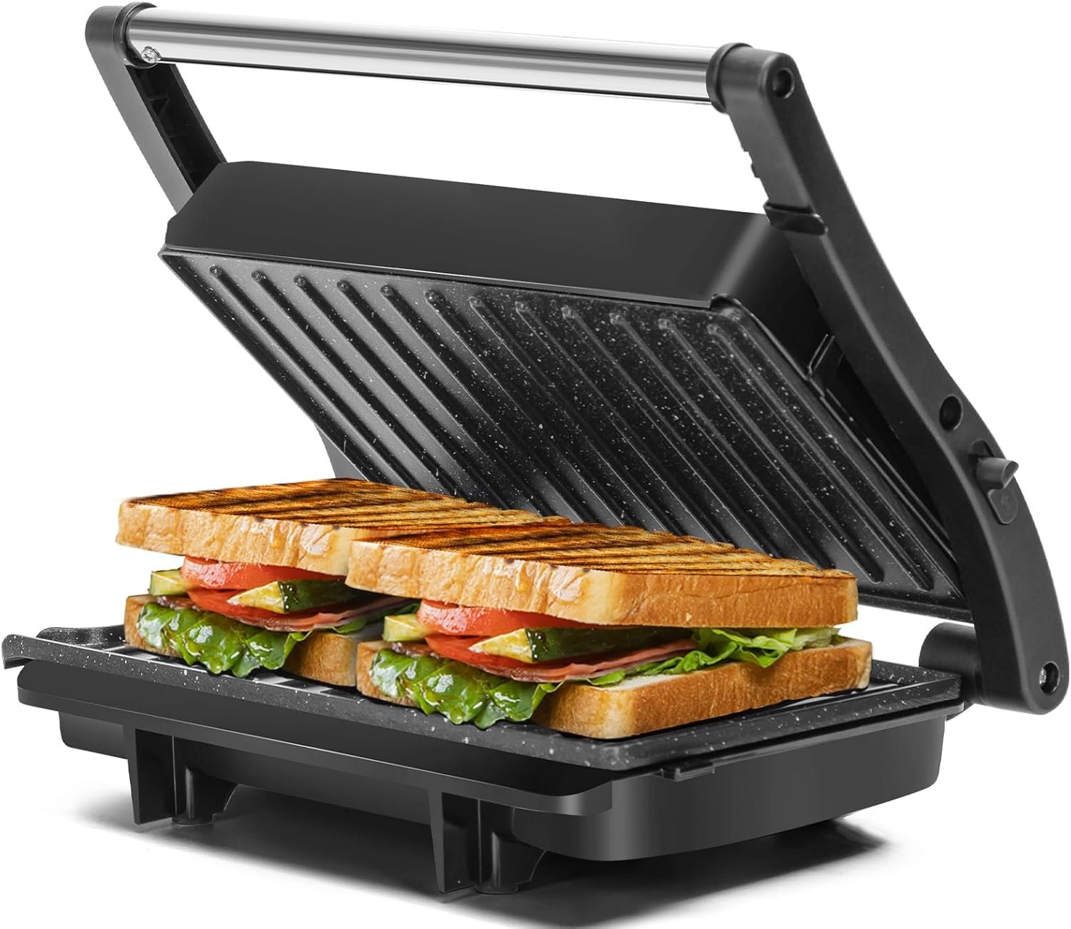 Aigostar 1000W Panini Press Grill with Ceramic Non-stick Plates, Sliver | Opens 180 Degrees for Any Size Food, 3-in-1 Sandwich Press Electric Grill, Drip Spout & Locking Lid