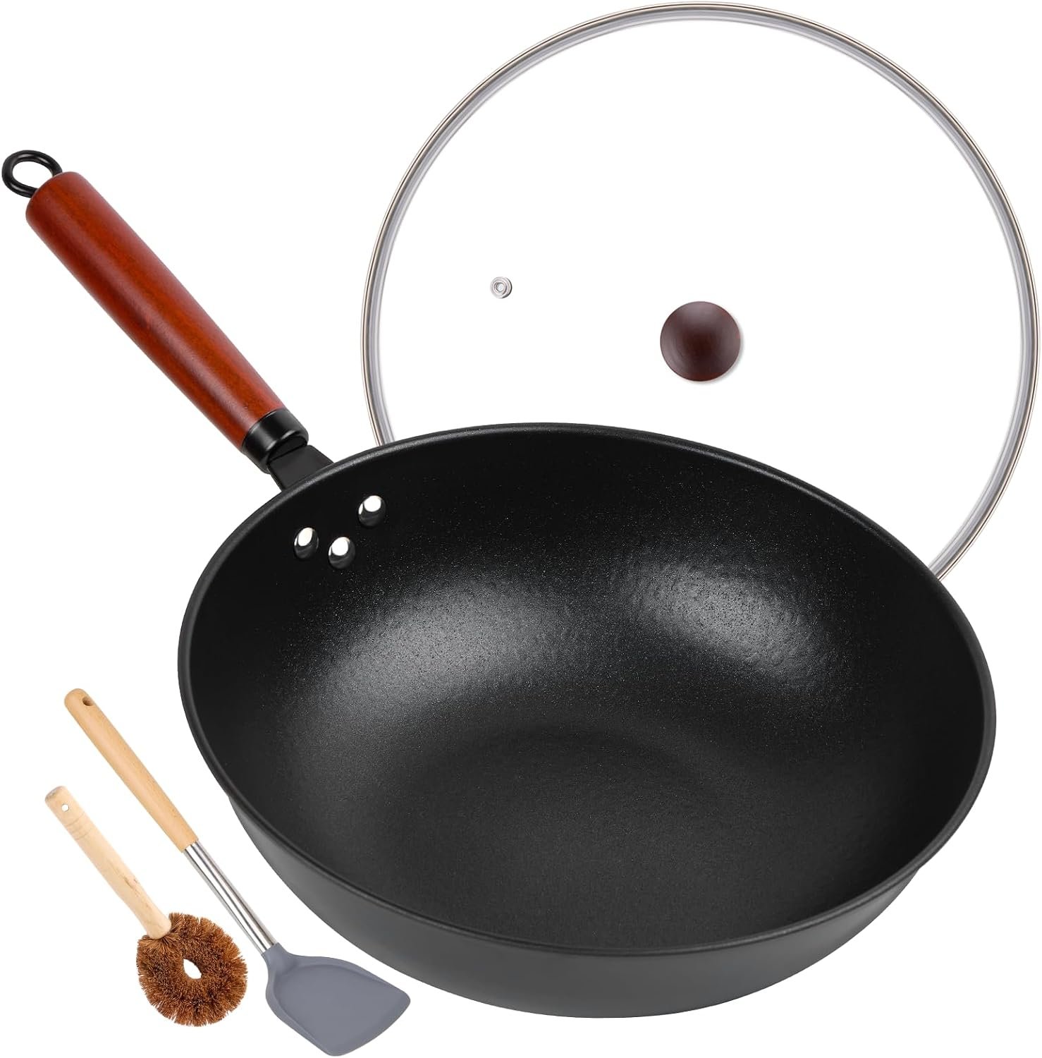 Wok, 13″ Carbon Steel Woks & Stir-Fry Pans Nonstick with Glass Lid | Pre-Seasoned Flat Bottom Chinese Wok for Electric, Induction, Gas, All Stoves
