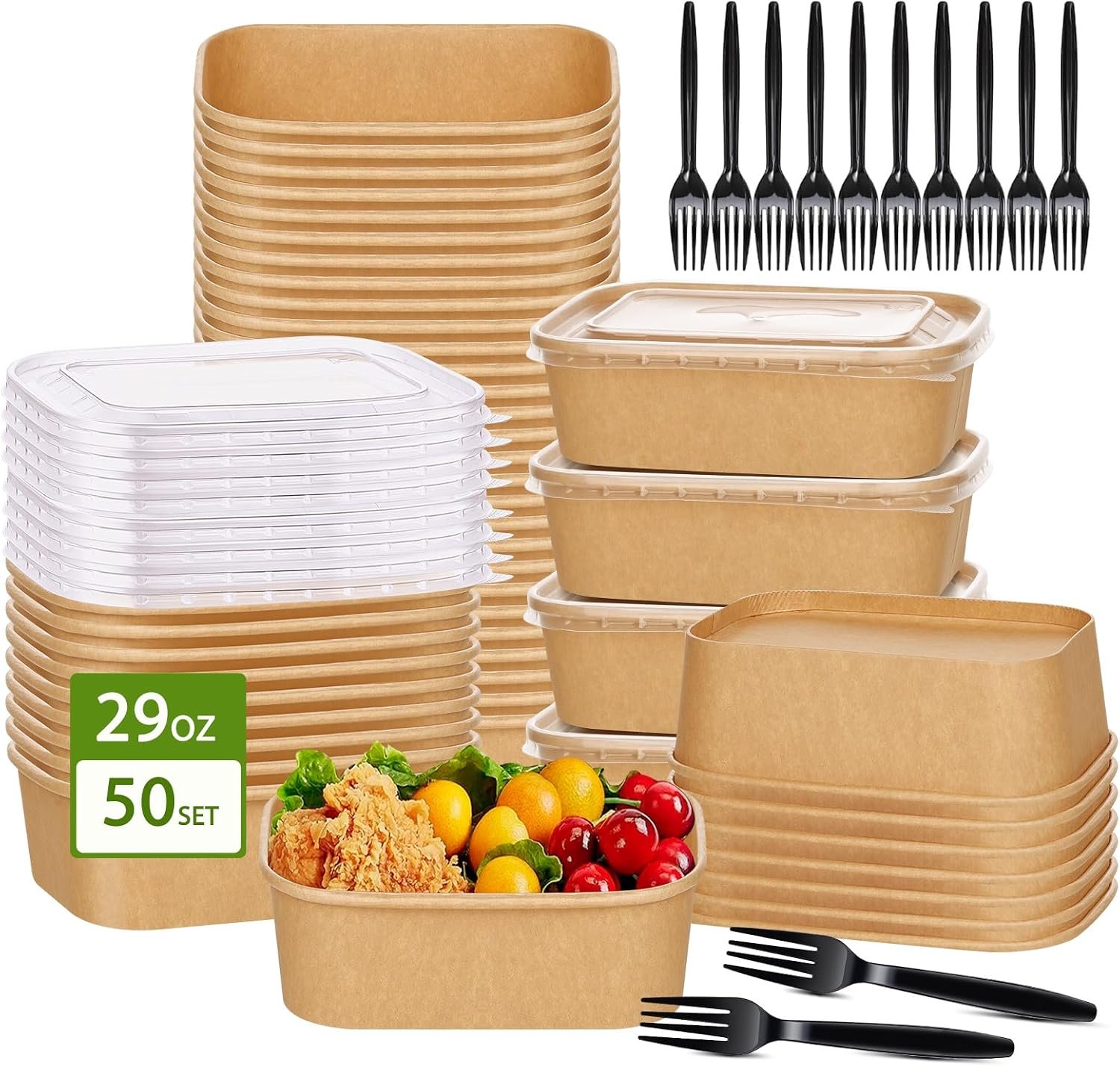 50-Pack 29oz Disposable Kraft Paper Bowls【with Lids and Forks】, Meal Prep Containers Disposable Deli Containers Holiday Party Food Trays Take Out Containers, Microwave Safe for Hot/Cold Food
