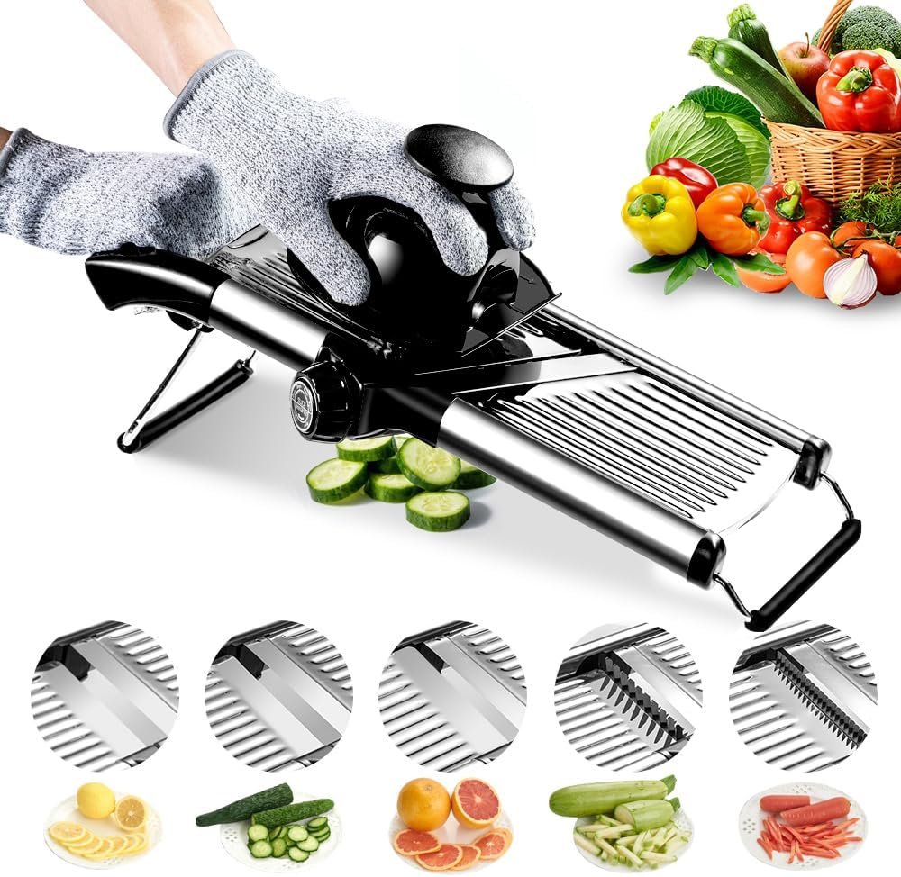 Weltonhm Mandoline Slicer for Kitchen, Mandolin and Julienne for Vegetables | Stainless Steel Mandoline Slicer for Onion, Cucumber, Cabbage, Potato and Carrot Vegetable Slicer with Cut-Resistant Gloves