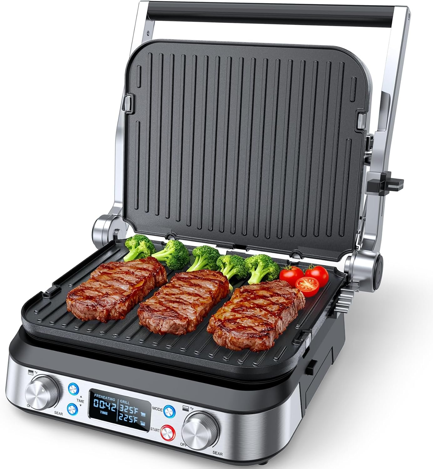 6-in-1 Indoor Grill and Griddle, 14’’, 450°F, Black, 1700W | 90-Minute Timer, Reversible nonstick grill & griddle plate, Dishwasher Safe, Uniform edge-to-edge heat for perfect grilling