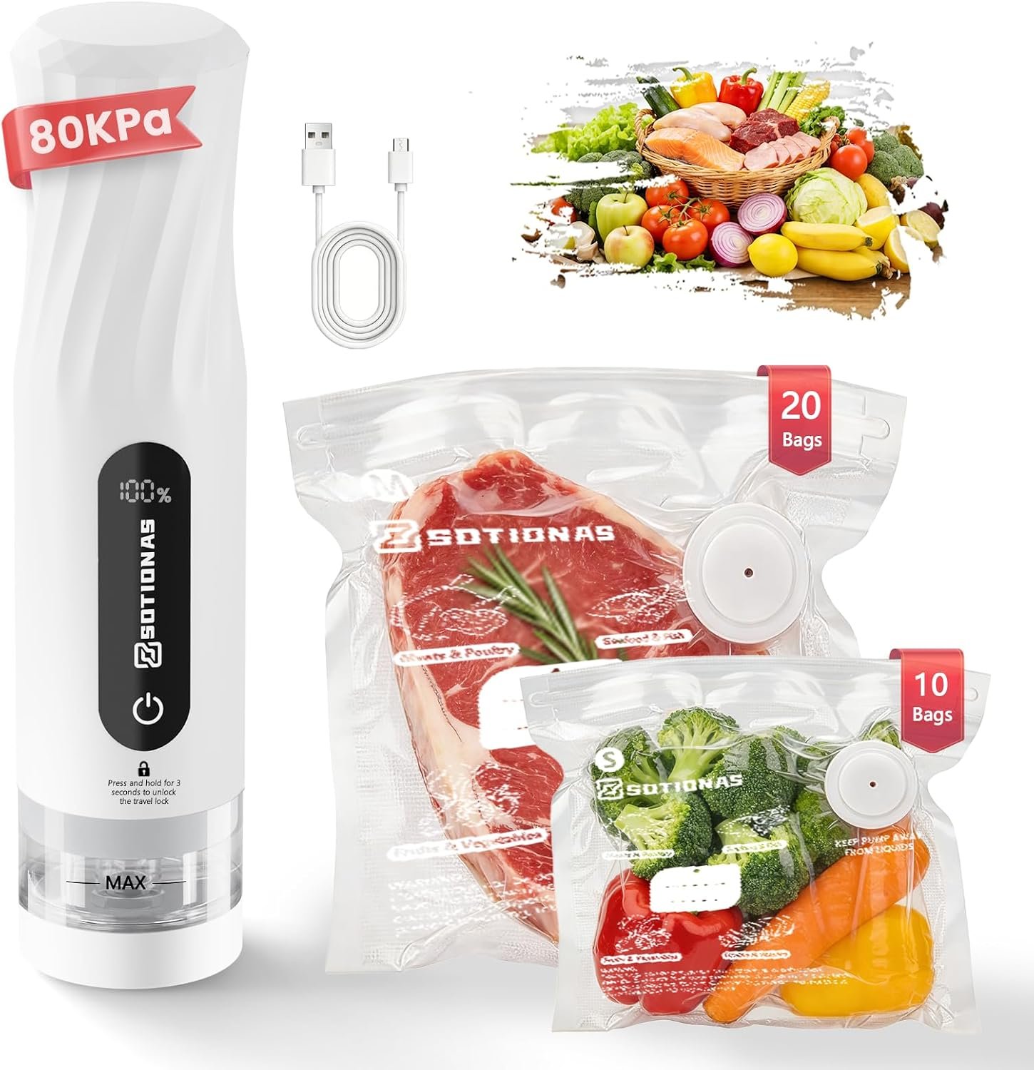 Compact Vacuum Sealer for Food, Portable Vacuum Sealer with 30 Reusable Vacuum Bags, 80kPa Powerful Handheld Food Sealer with Lock Function, Food Saver for Sous Vide, Preserve 8X Freshness