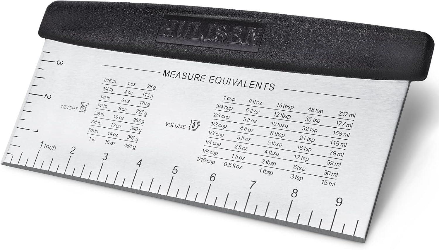 HULISEN 10-Inch Bench Scraper, Stainless Steel Dough Cutter with Scale | Dishwasher Safe, Comfort Grip Handle, Beveled Edge, Conversion Chart, Cake Frosting, Bread Dividing, Pizza Cutting