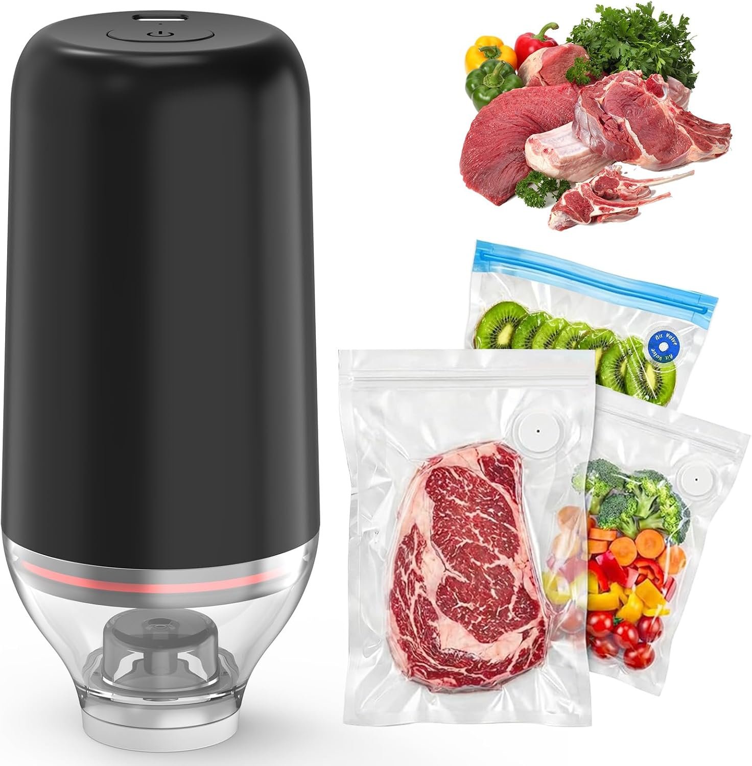 Portable Handheld Food Vacuum Sealer, Black(Pump Only) | Powerful Suction Compatible with Reusable Vacuum Bags, Ideal for Food Storage & Camping