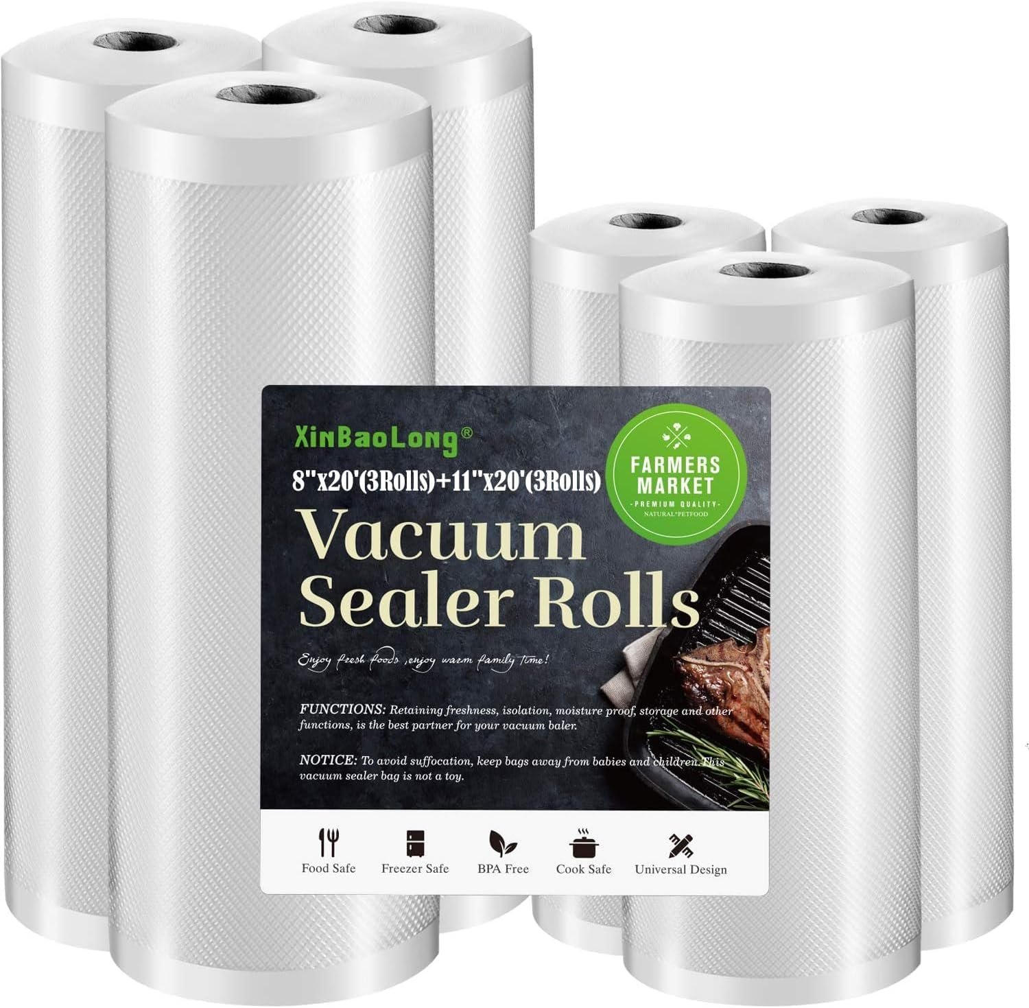 Vacuum Sealer Bags For Food 6 Pack (3 Rolls 11″x20′ + 3 Rolls 8″x20′) | Commercial Grade, BPA Free, Freezer Bags, Sous Vide Cooking, Puncture Prevention, Kitchen Essentials