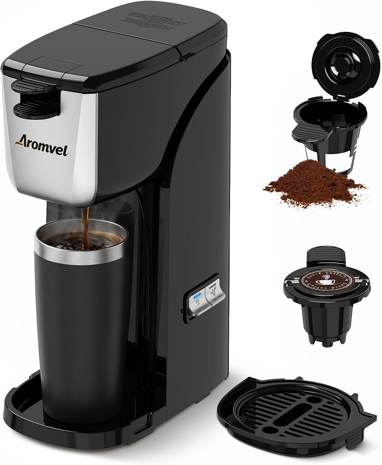 2-in-1 Single Serve Coffee Maker for K Cup Pods & Ground Coffee | 6 to 14 oz Brew Sizes, Adjustable Drip Tray for Travel Mugs, Compact Small Brewer with Dual Buttons