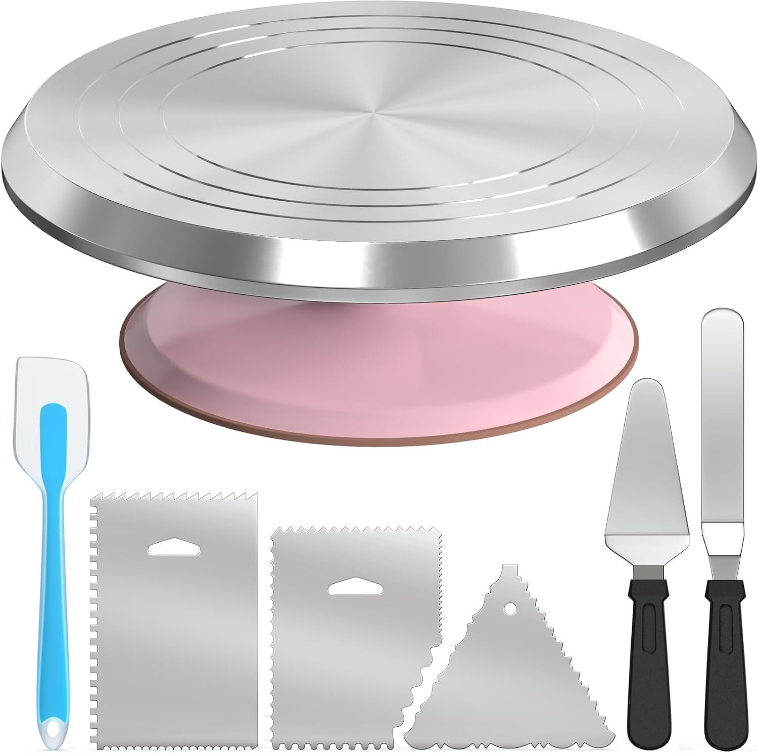 Rotating Cake Stand – 12″ Aluminum Alloy Revolving Cake Turntable | Cake Decorating Kit with Offset Spatula, Icing Smoother Scrapers, Silicone Spatula & Cake Server | Cake Decorating Supplies Set