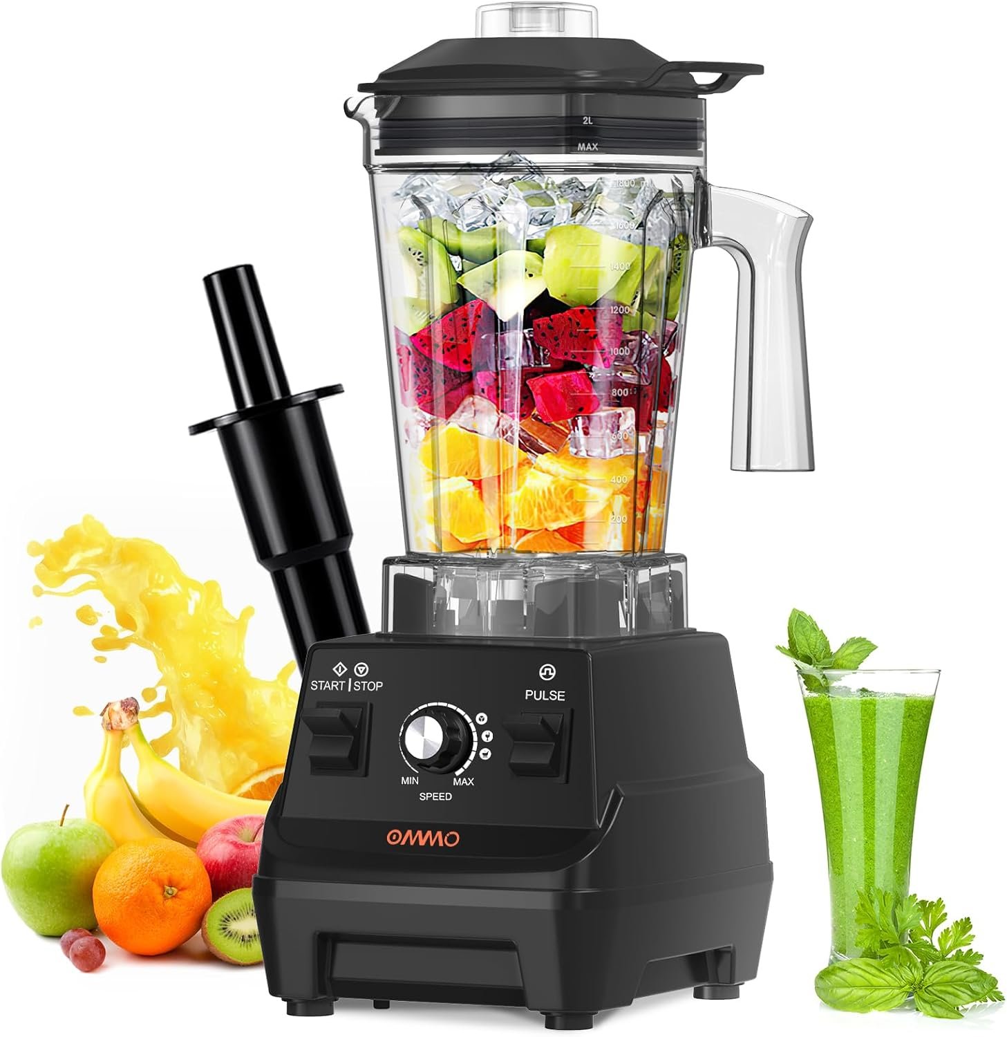 OMMO Blender 1800W, High Speed Countertop Blender with 60oz BPA-Free Jar | Durable Stainless Steel Blades, Ice Crushing Smoothie Maker for Shakes, Nuts, Frozen Fruits, Dishwasher Safe