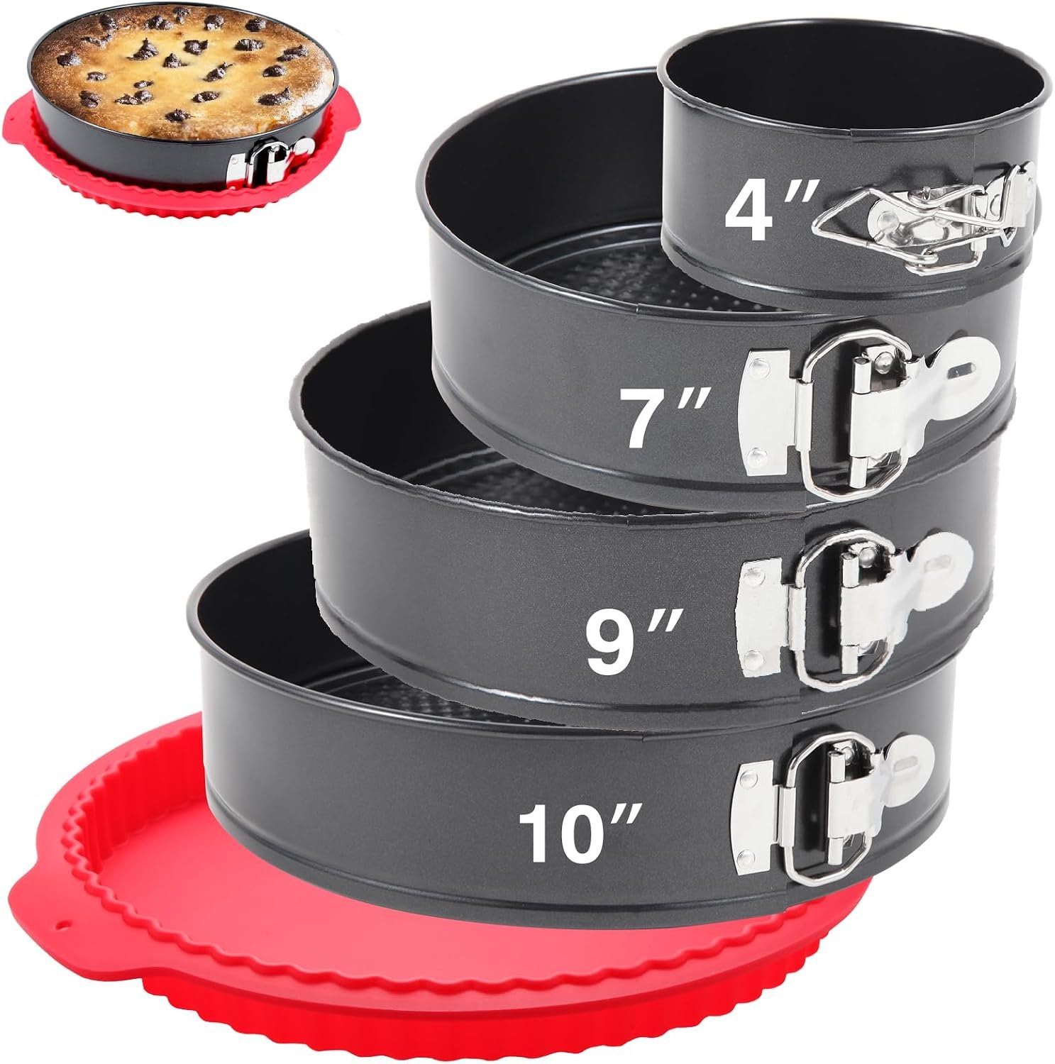 4-7-9-10 Inch Non-stick Springform Cheesecake Pan Set of 4 | Food Grade, FDA Food Contact Safe, Non-Stick, Dishwasher Safe, Removable Bottom, Comes with Silicone Base Protector