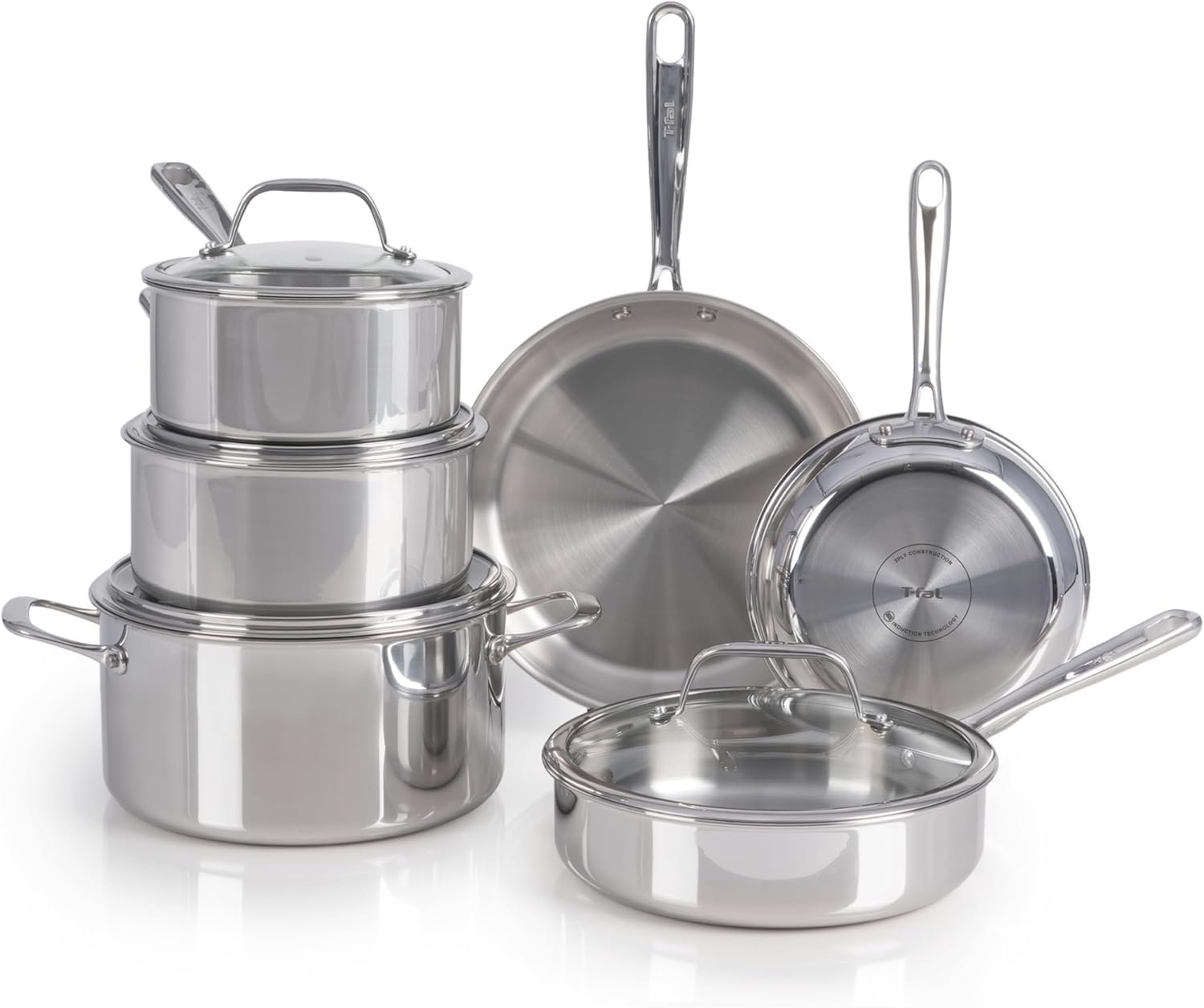 T-fal Pro Tri-Ply Stainless Steel 10-Piece Induction Cookware Set | NSF-certified, oven safe to 500°F, glass lids to 350°F, measuring marks inside, all cooktops including induction