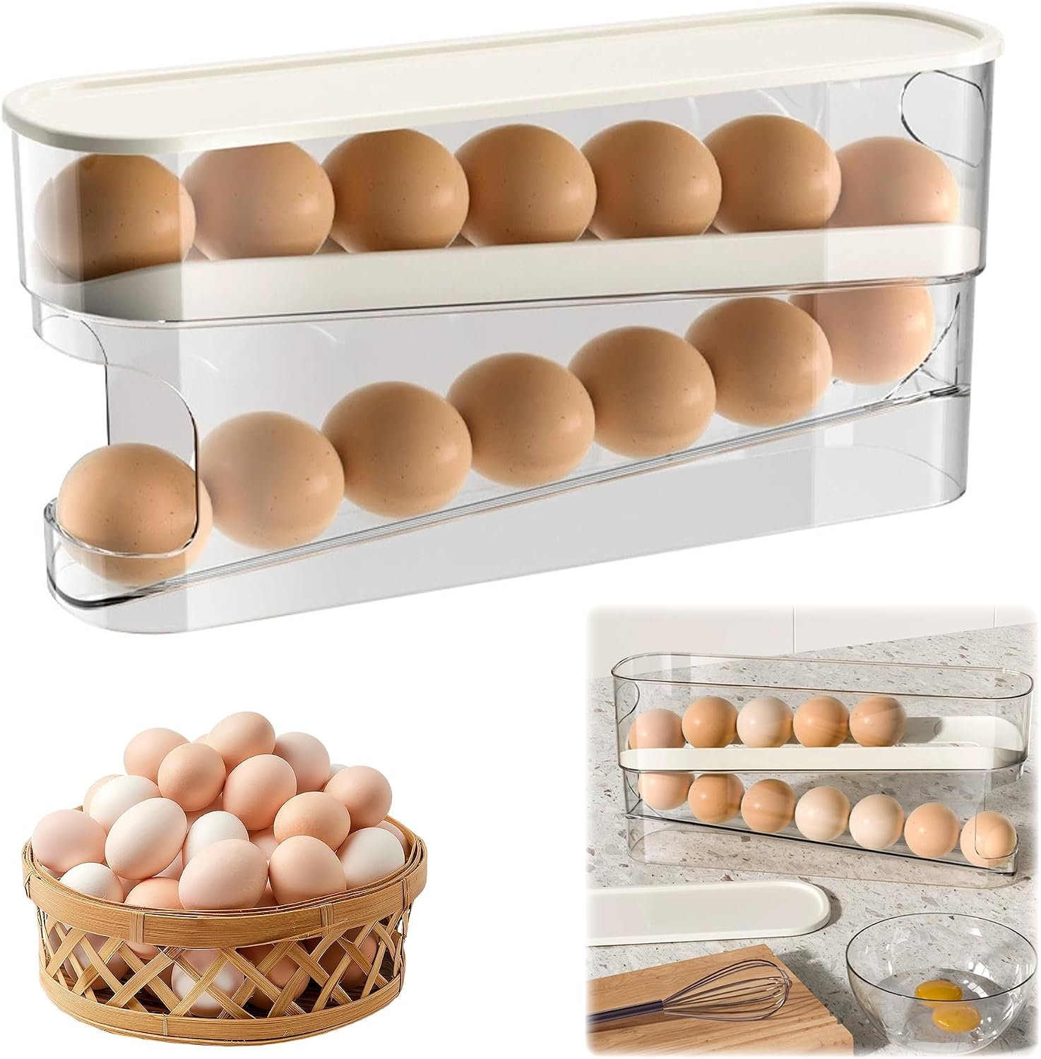 Egg Holder for Fridge, 2025 New Egg Organizer for Refrigerator Automatic Scrolling Eggs Rack Holder Rolling Dispenser, Stackable Fridge Container and Storage with Lid (1 Pcs)