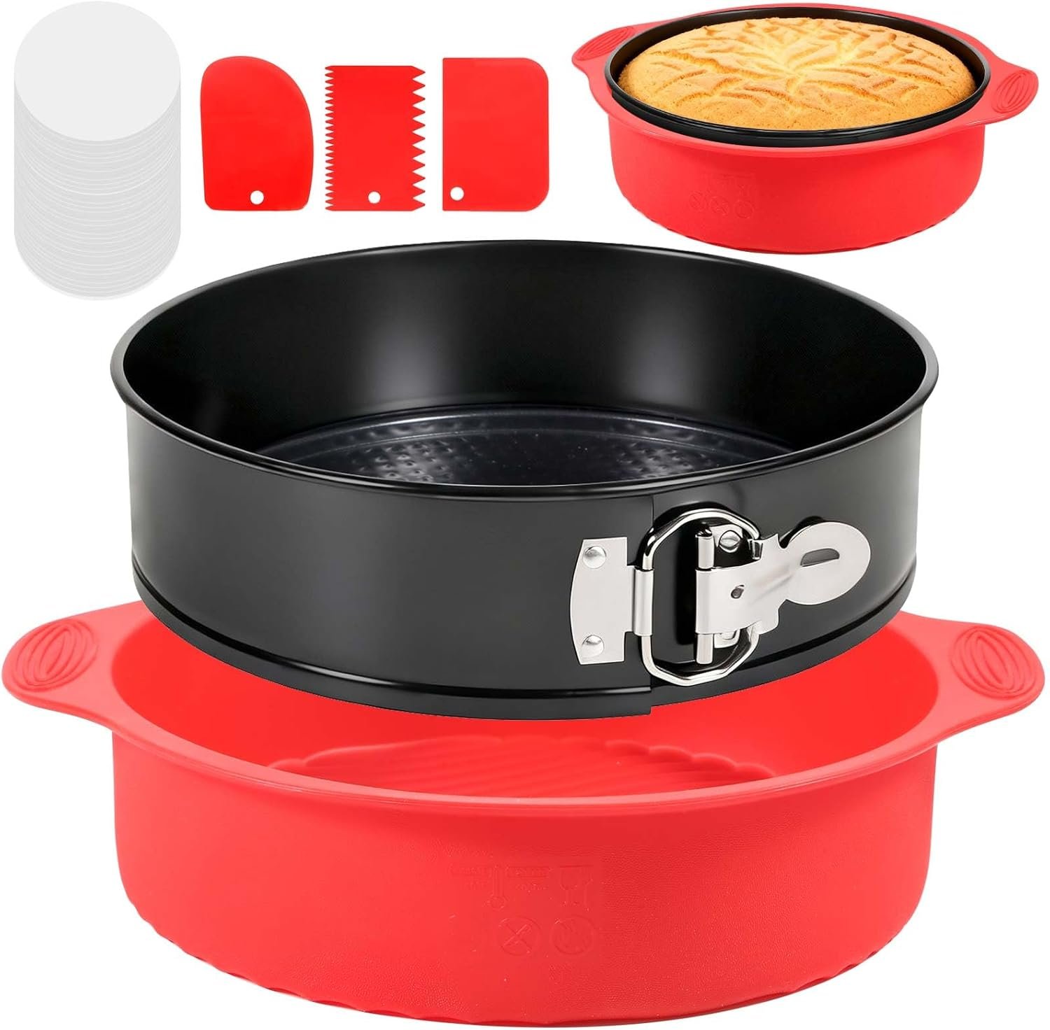 MASSUGAR 9 Inch Springform Pan, Nonstick Cheesecake Pan with Silicone Protector, 50 Pcs Parchment Paper Liners & 3 Cake Scrapers, No Leaks in Water Bath, Leakproof Round Cake Pan with Removable Bottom