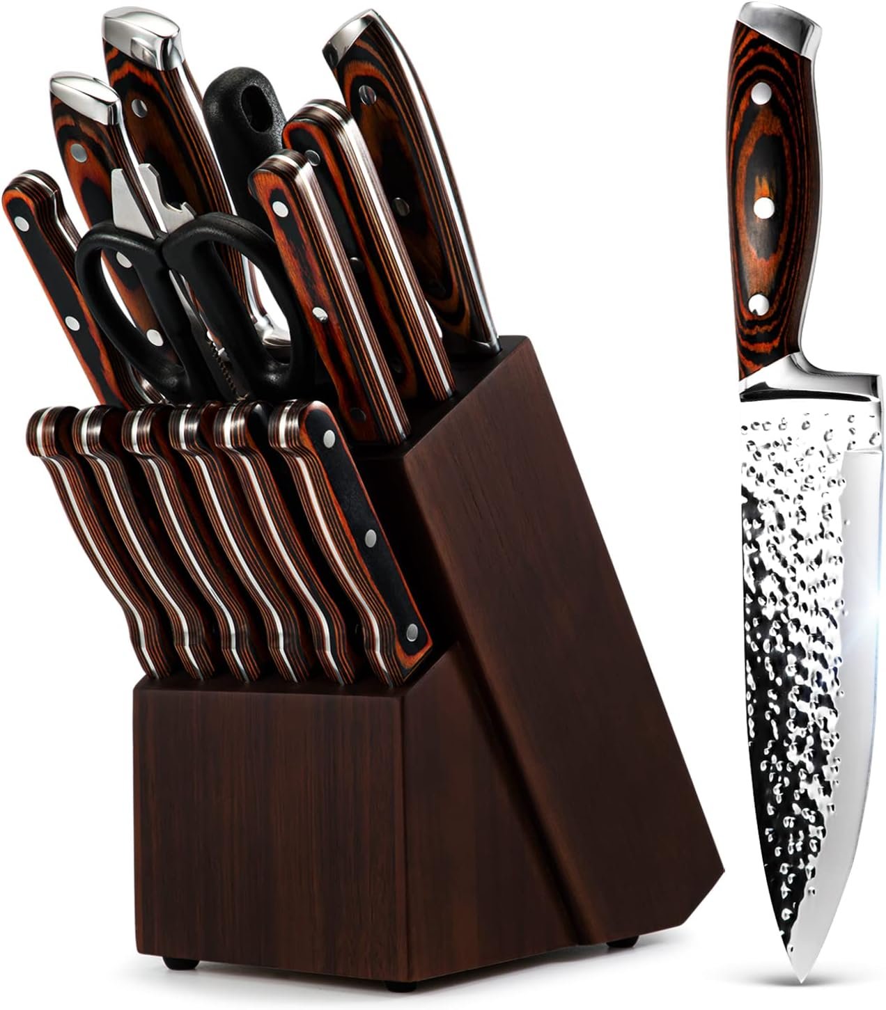 Kitchen Knife Set,15-Piece Knife Set With Block Wooden,Self Sharpening For Chef Knife Set,High Carbon Japan Stainless Steel Hammered Collection Knife Block Set with Steak Knives, Boxed Knife Set | Hammered Collection, High Carbon Japan Stainless Steel, All in One Knives Set, with Steak Knives