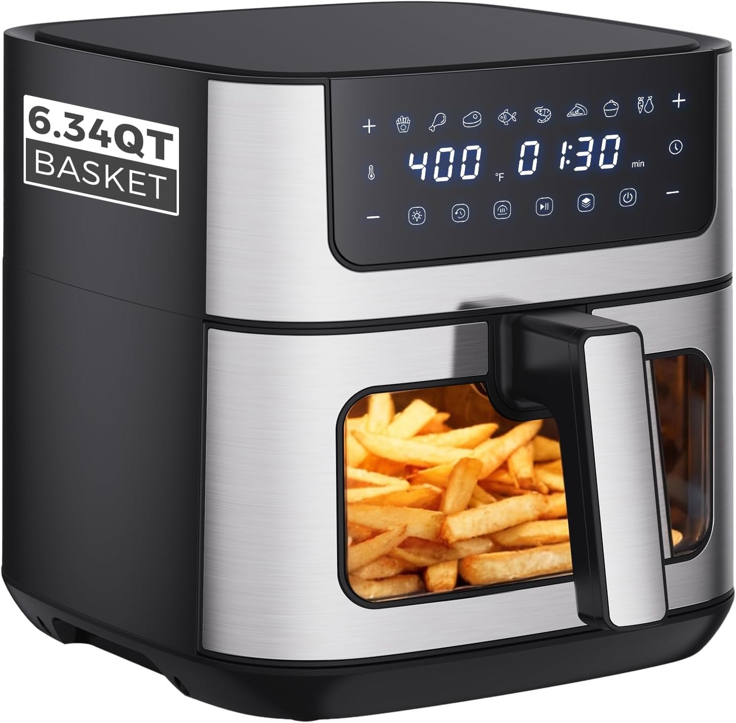 OLIXIS 6.34QT Air Fryer with Window, 8 Food Presets with 400°F Max Heat, 90-Min Timer, Nonstick Dishwasher-Safe Basket for Air Fry, Roast, Reheat, Bake, Stainless Steel, Black
