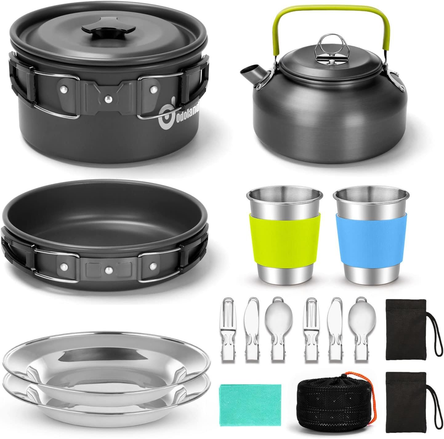 Odoland 15pcs Camping Cookware Mess Kit, 1.9L Pot, for Camping, Backpacking | Anodized aluminum, for hiking, outdoor cooking and picnic, 1.9L pot 0.8L kettle 0.86L pan mess kit, little compact pot set