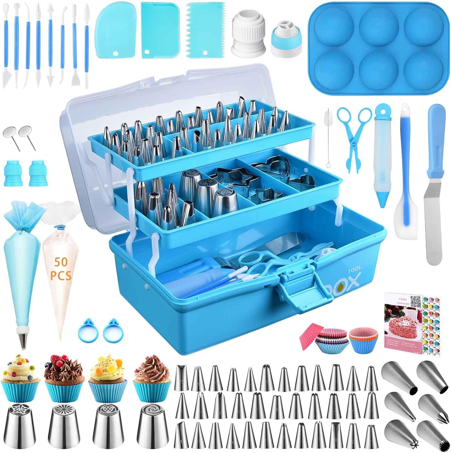 Cake Decorating Tools Supplies Kit: 236pcs Baking Accessories with Storage Case – Piping Bags and Icing Tips Set – Cupcake Cookie Frosting Fondant Bakery Set for Adults Beginners or Professional, Blue