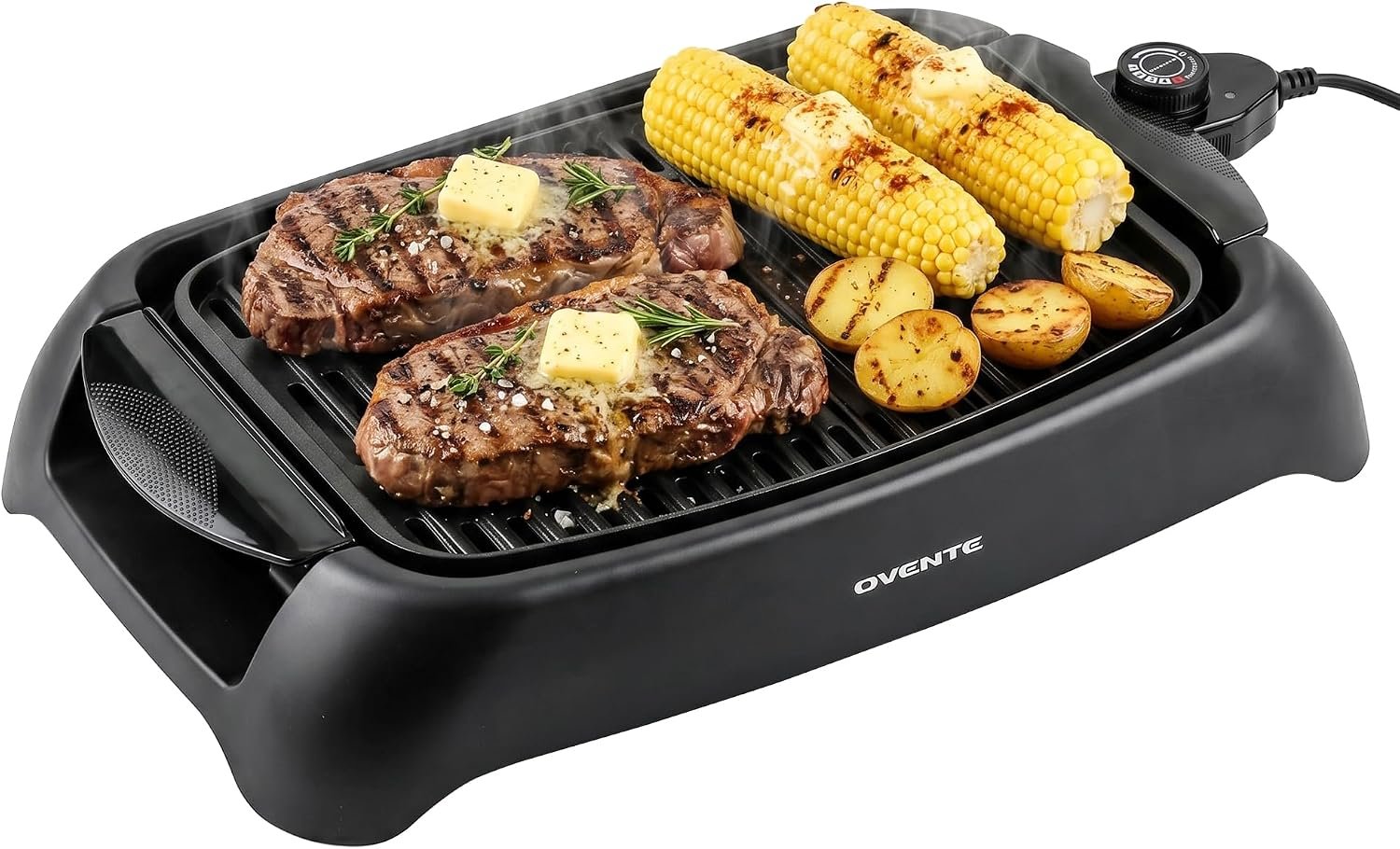 OVENTE Electric Indoor Grill, 13×10 Inch Non-Stick Plate, Black GD1632NLB | 1000W Fast Heat Up Power, Adjustable Temperature, Removable and Dishwasher Safe Grilling Plate and Drip Tray