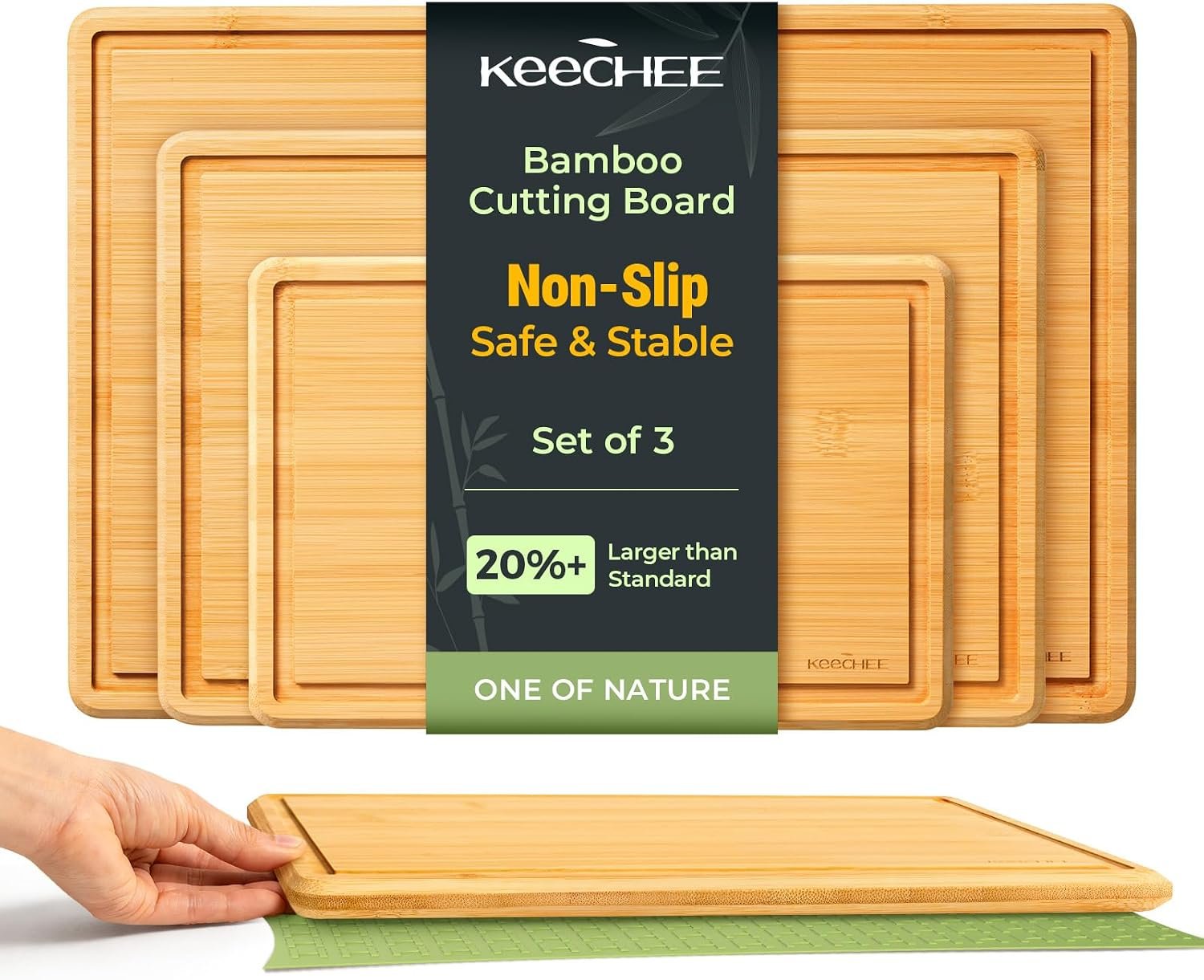 Keechee Cutting Board with Non-slip Mat, Bamboo Cutting Board for Kitchen Meal Prep & Serving – Wood Serving Board Set with Deep Juice Groove Ideal Kitchen Gifts