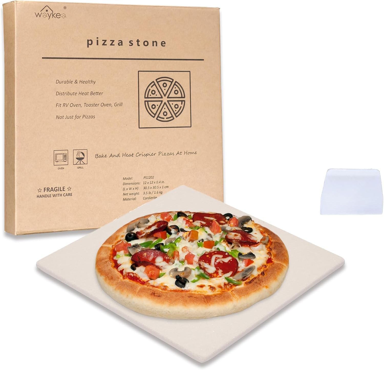12″ x 12″ Cordierite Square Pizza Stone for Oven or BBQ Grill | Thermal shock resistant, Even heat for crispy crust, Pizza bread flatbread, Fits oven grill BBQ and RV, Scraper included